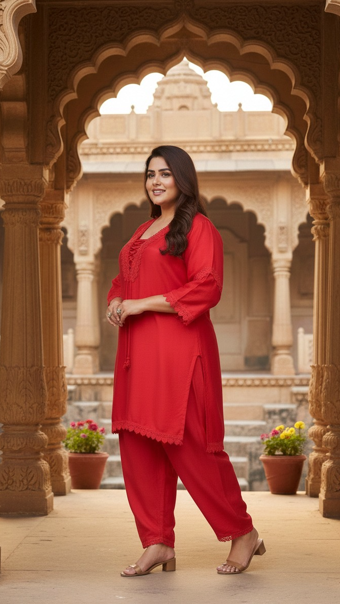 Plus Size Crimson Red Lace Detail Kurta Pant Set For Women