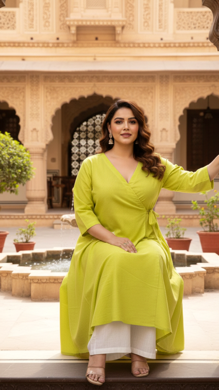 Plus Size Women’s Lime Green Cotton Kurta Set – Wrap Style