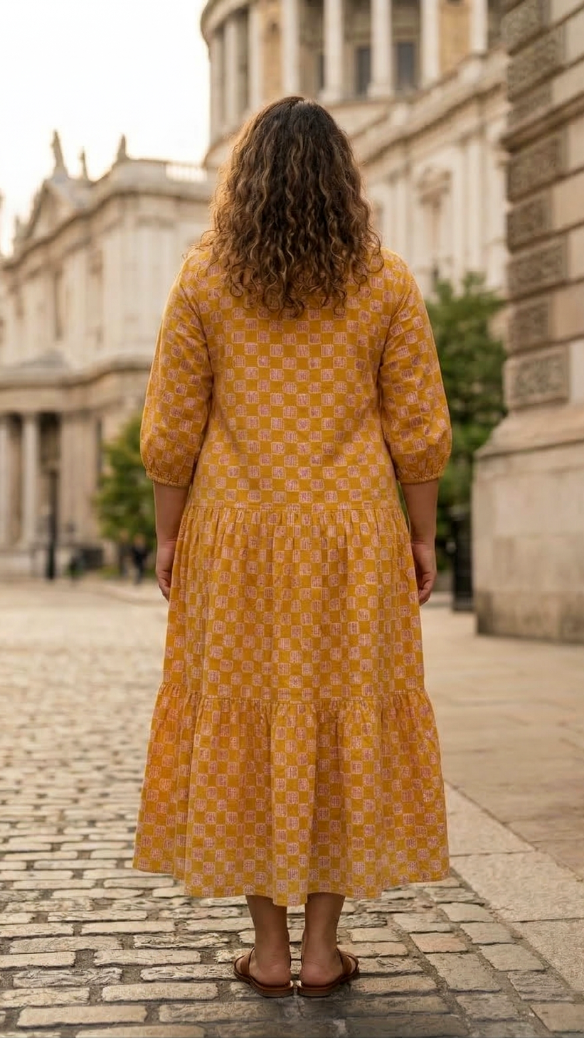 Plus Size Mustard Printed Cotton Tiered Midi Dress for Women – Elegant Casual Wear