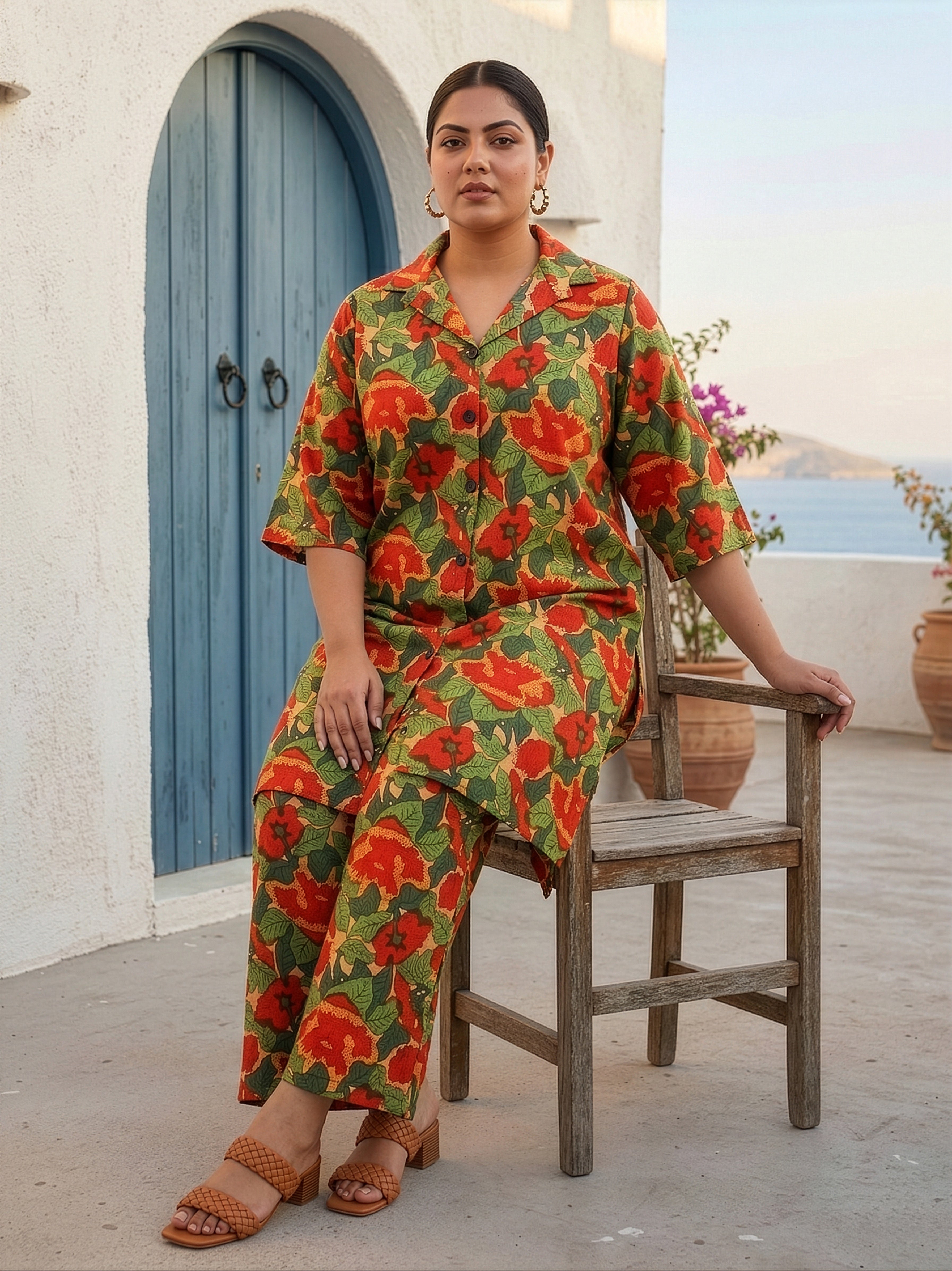 Regular Tropical Floral Print Cotton Co-Ord Set for Women – Button Down Kurta & Pants