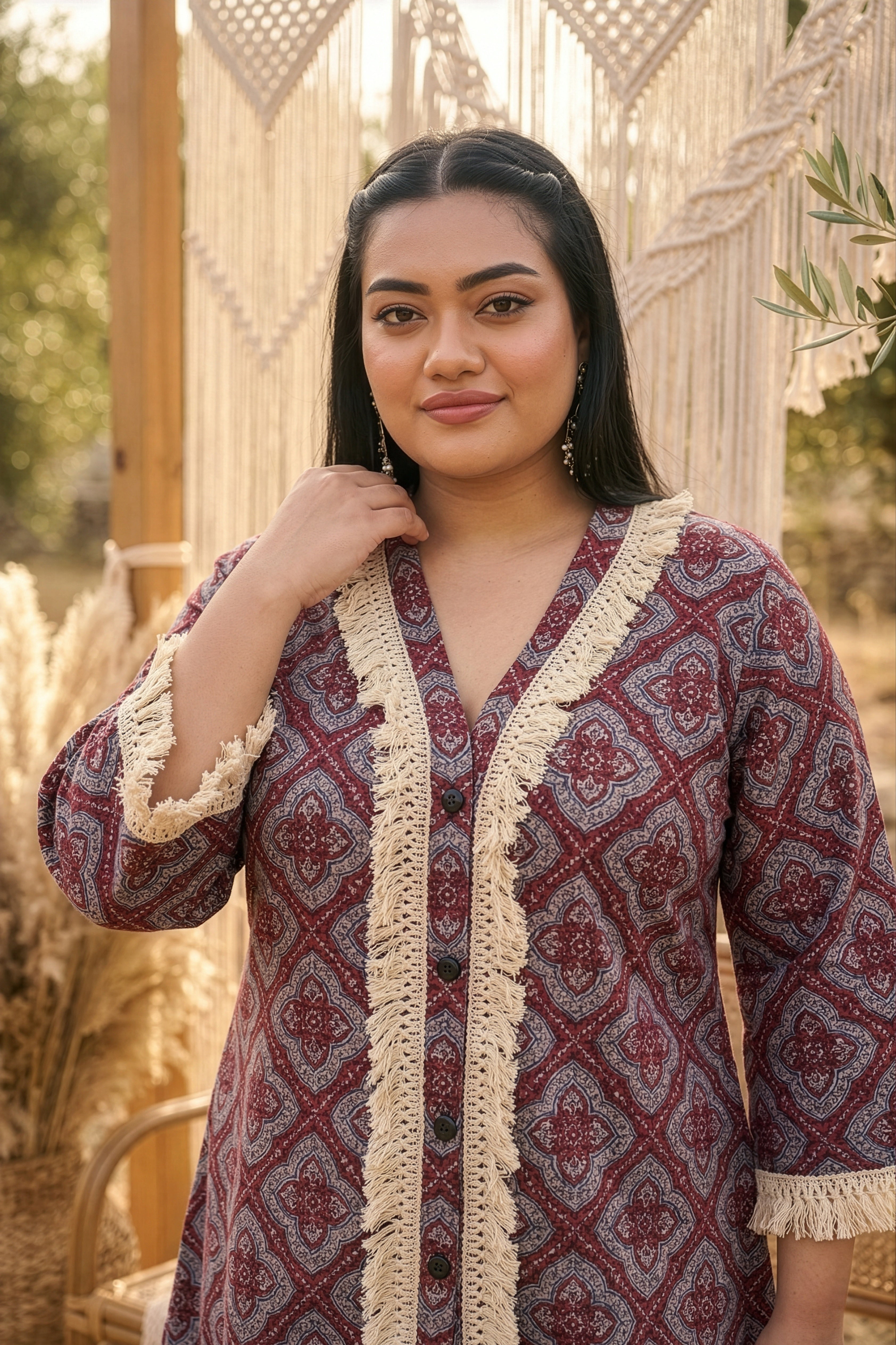 Plus Size Wine Cotton Co-ord Set for Women with Lace Detail – Relaxed Fit