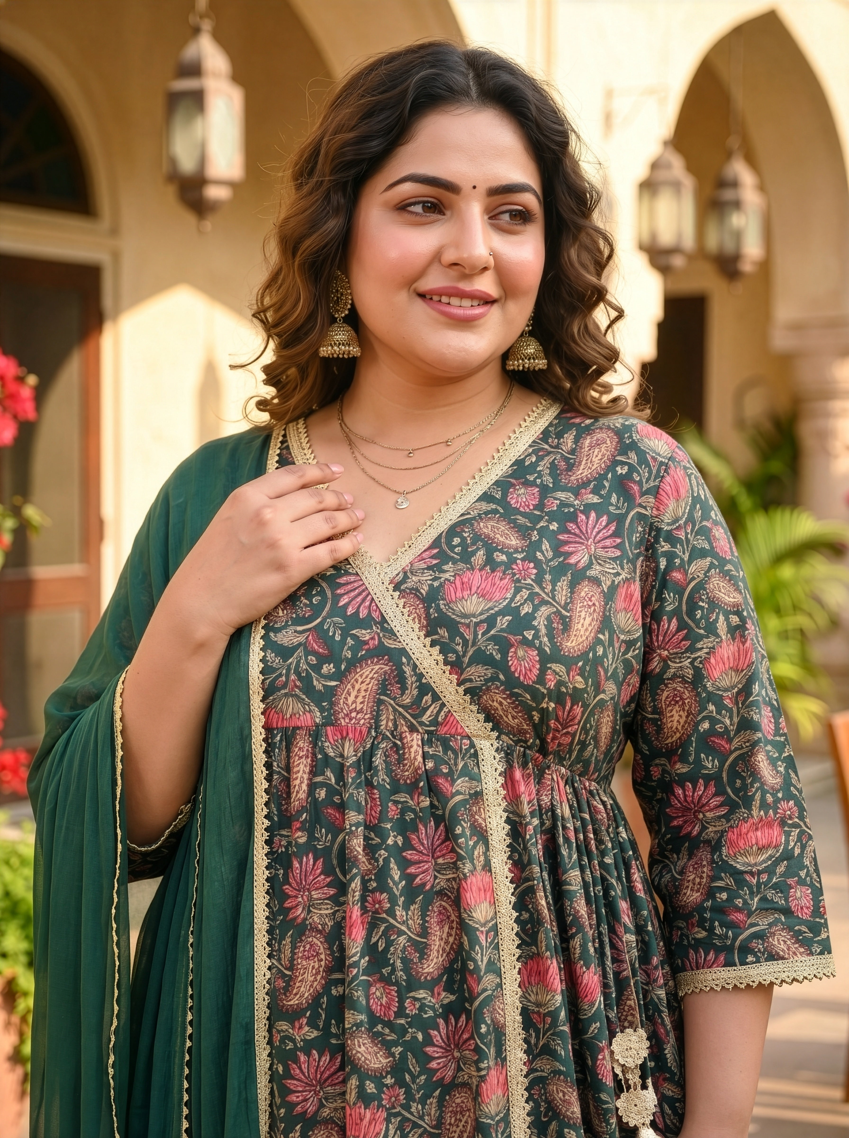 Plus Size Green Printed Cotton Kurta Suit Set with Dupatta – Elegant Ethnic Wear