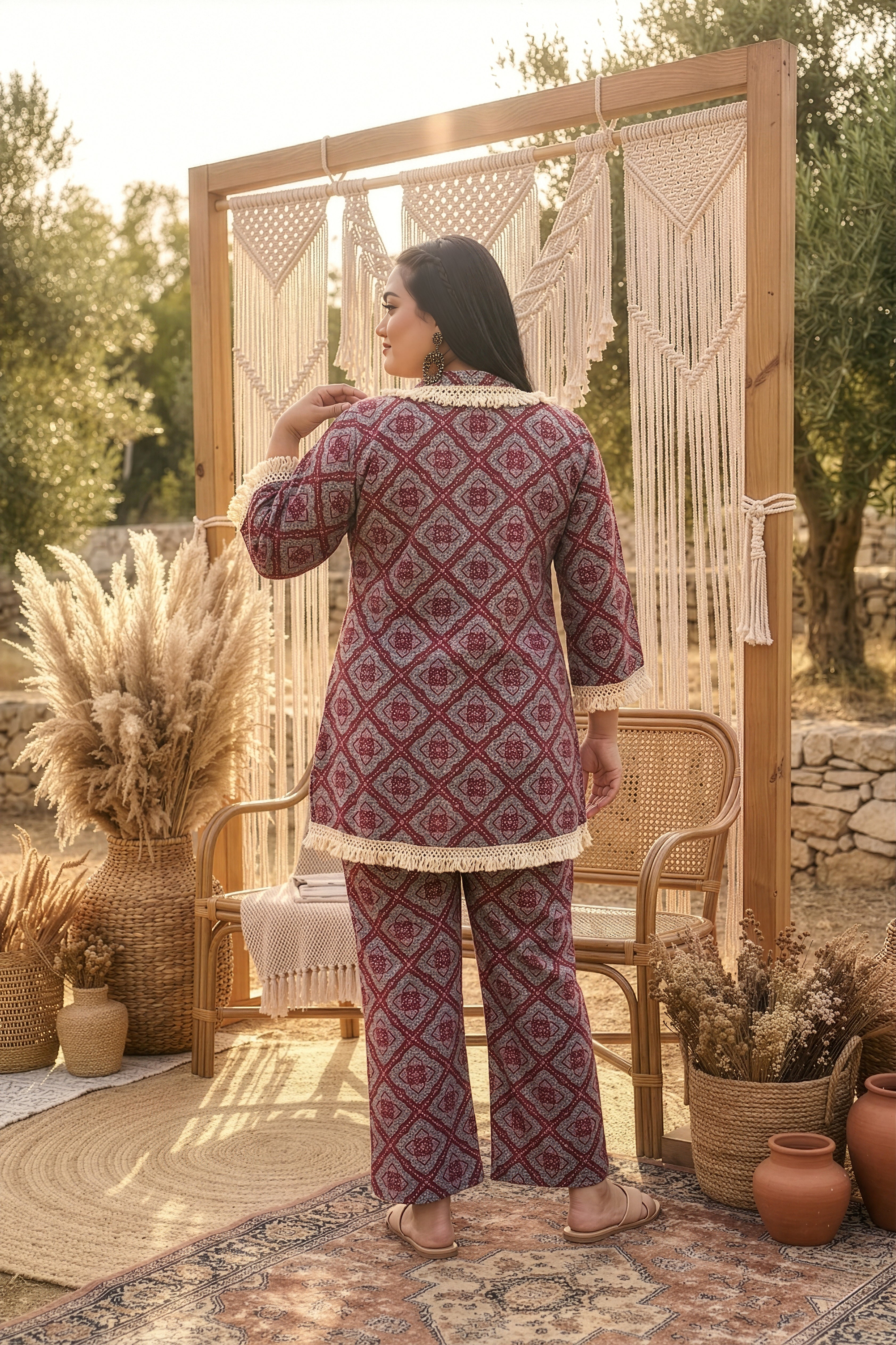 Plus Size Wine Cotton Co-ord Set for Women with Lace Detail – Relaxed Fit