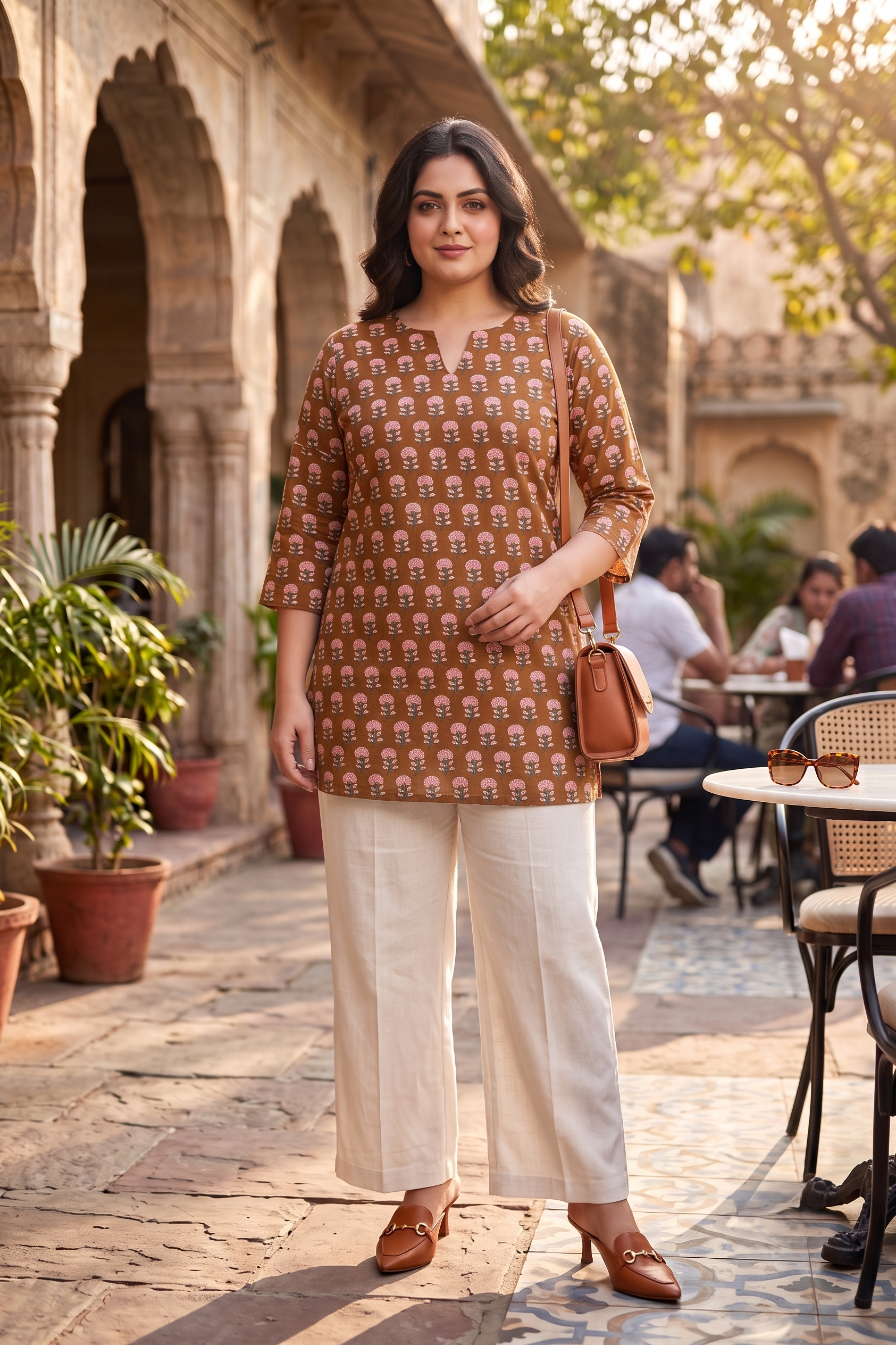Plus Size Brown Printed Cotton Top for Women | Mandarin Neck Casual Kurti Top