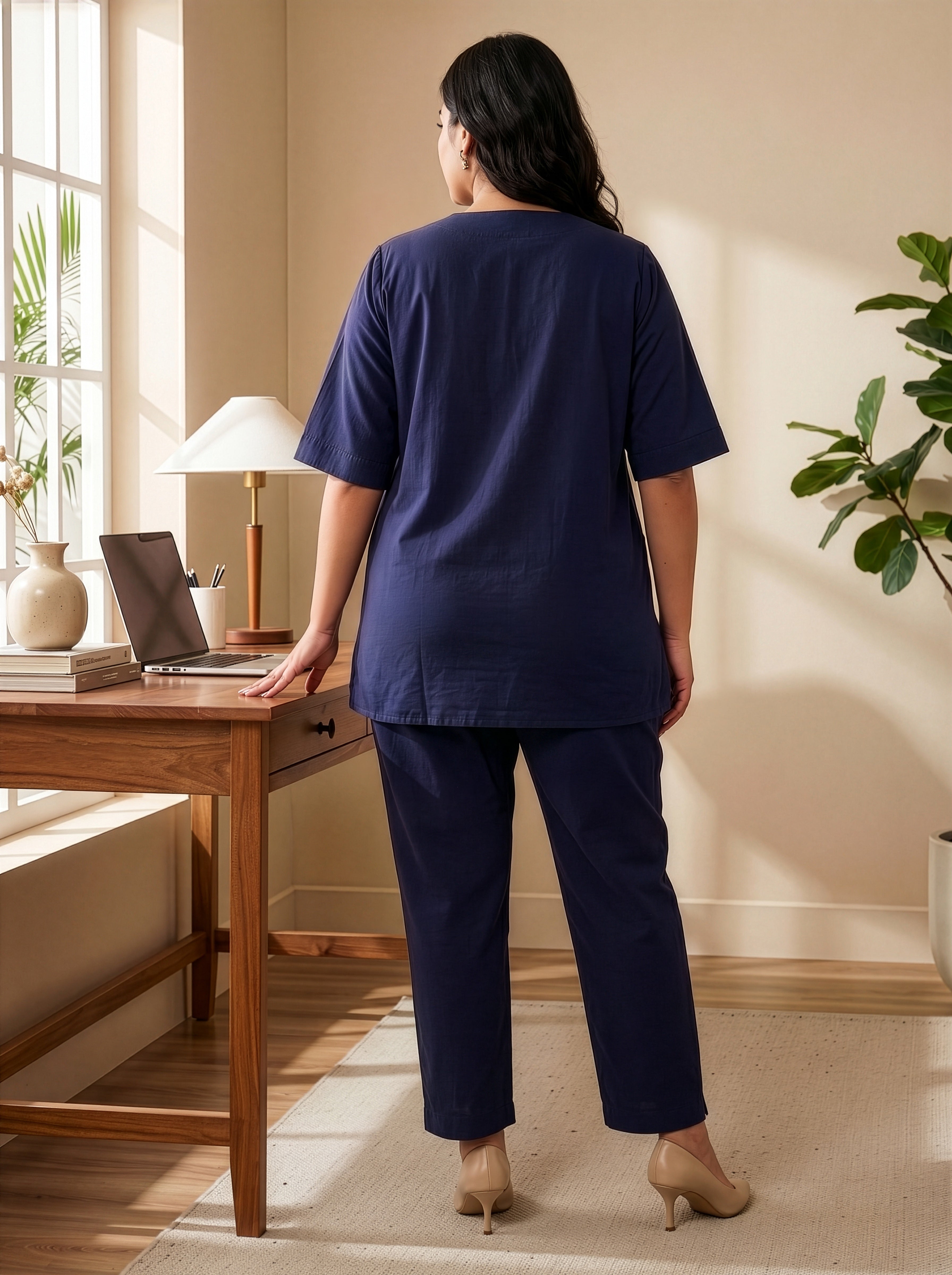 Plus Size Dark Blue Linen Co-ord Set for Women – Relaxed Fit Everyday Wear