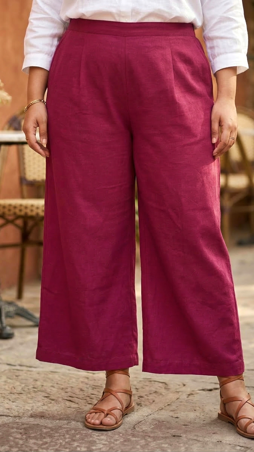 Plus Size Pink Cotton Wide Leg Pants for Women – Comfortable Casual Bottom Wear