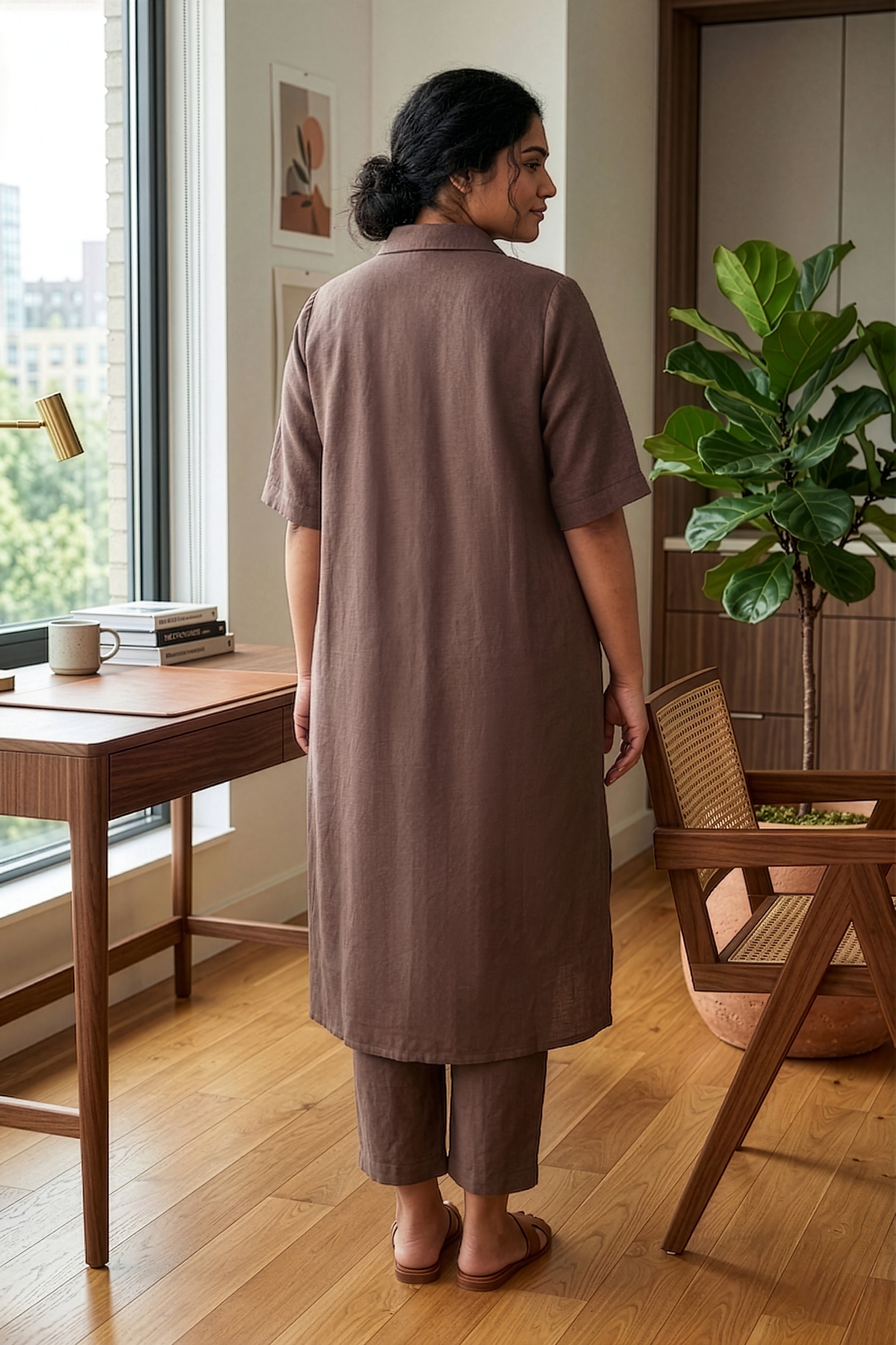 Plus Size Taupe Linen Co-ord Set for Women – Relaxed Fit Shirt Kurta & Pants