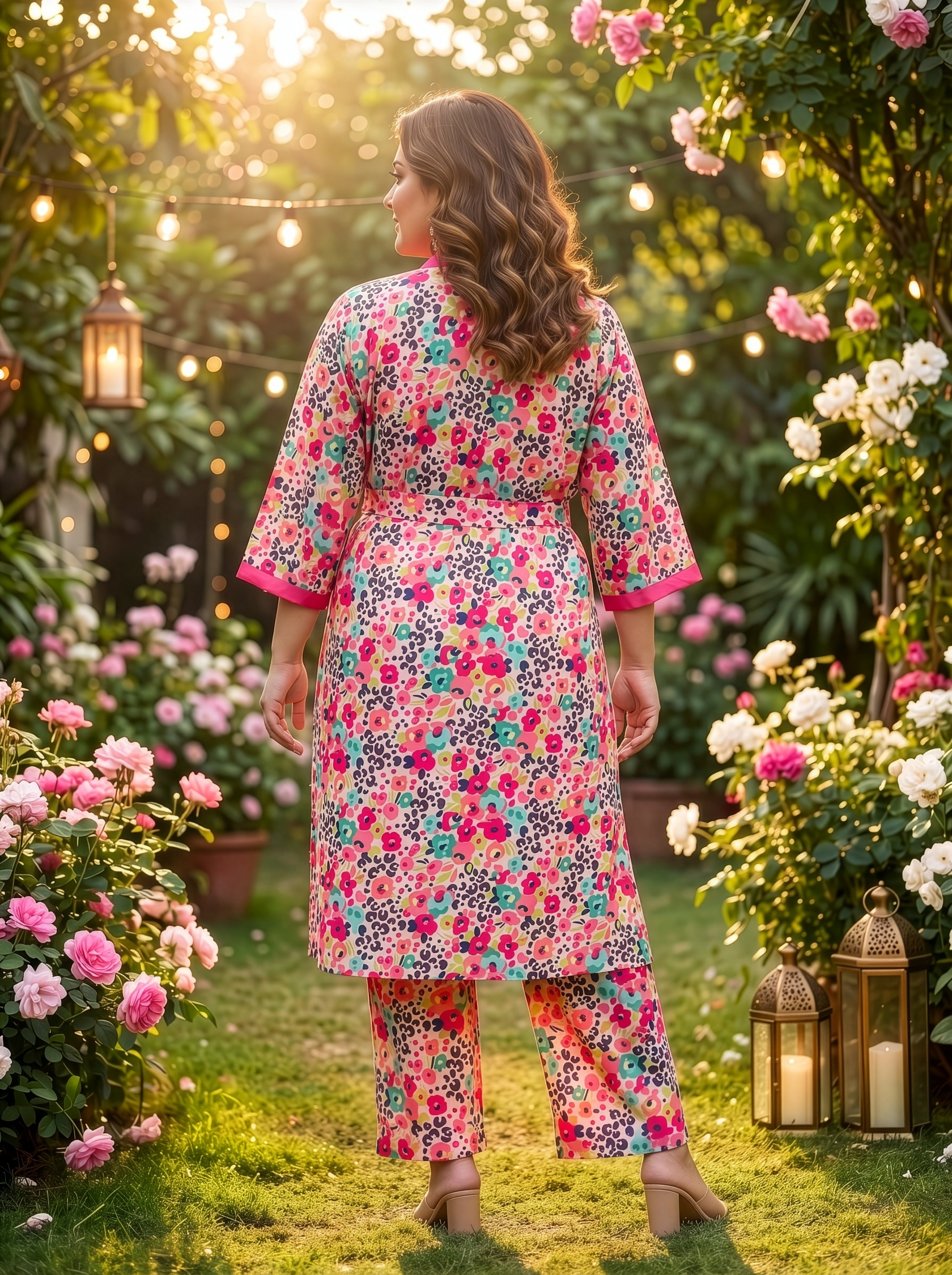 Plus Size Peach Satin Kimono Co-ord Set for Women – Printed Kimono & Trousers