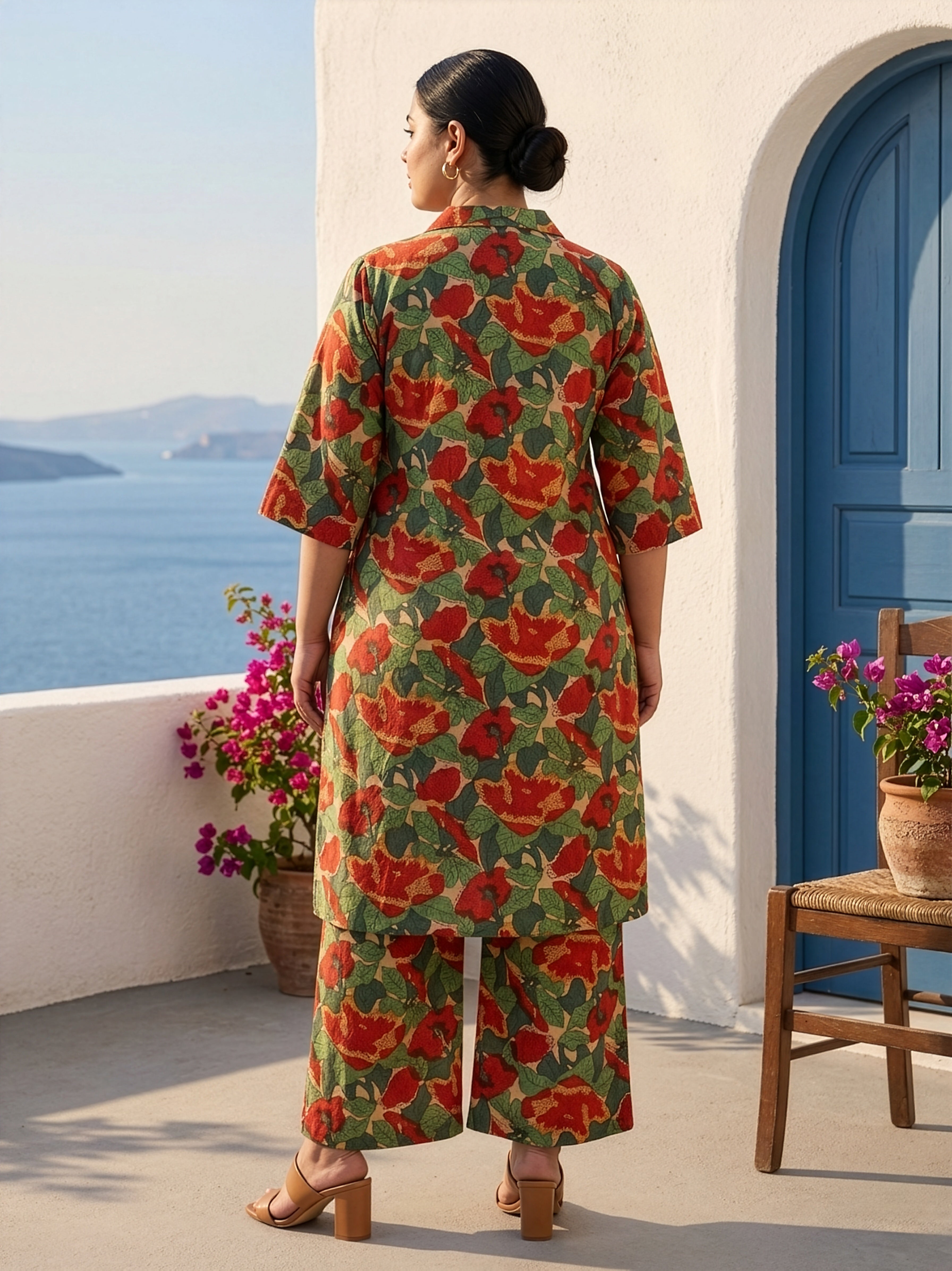 Plus Size Tropical Floral Print Cotton Co-Ord Set for Women – Button Down Kurta & Pants