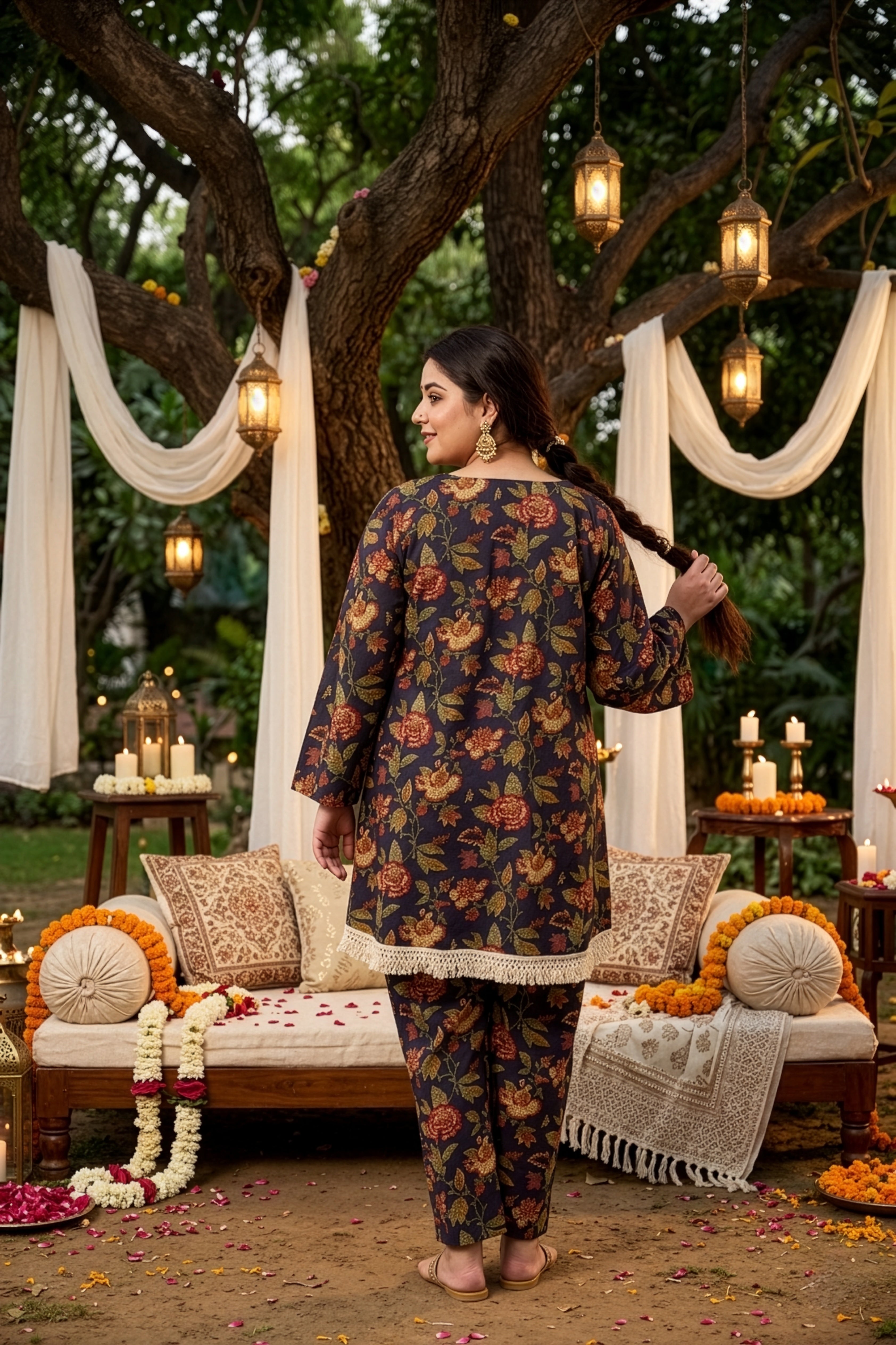 Plus Size Navy Blue Floral Cotton Co-ord Set with Lace Detail – Relaxed Fit