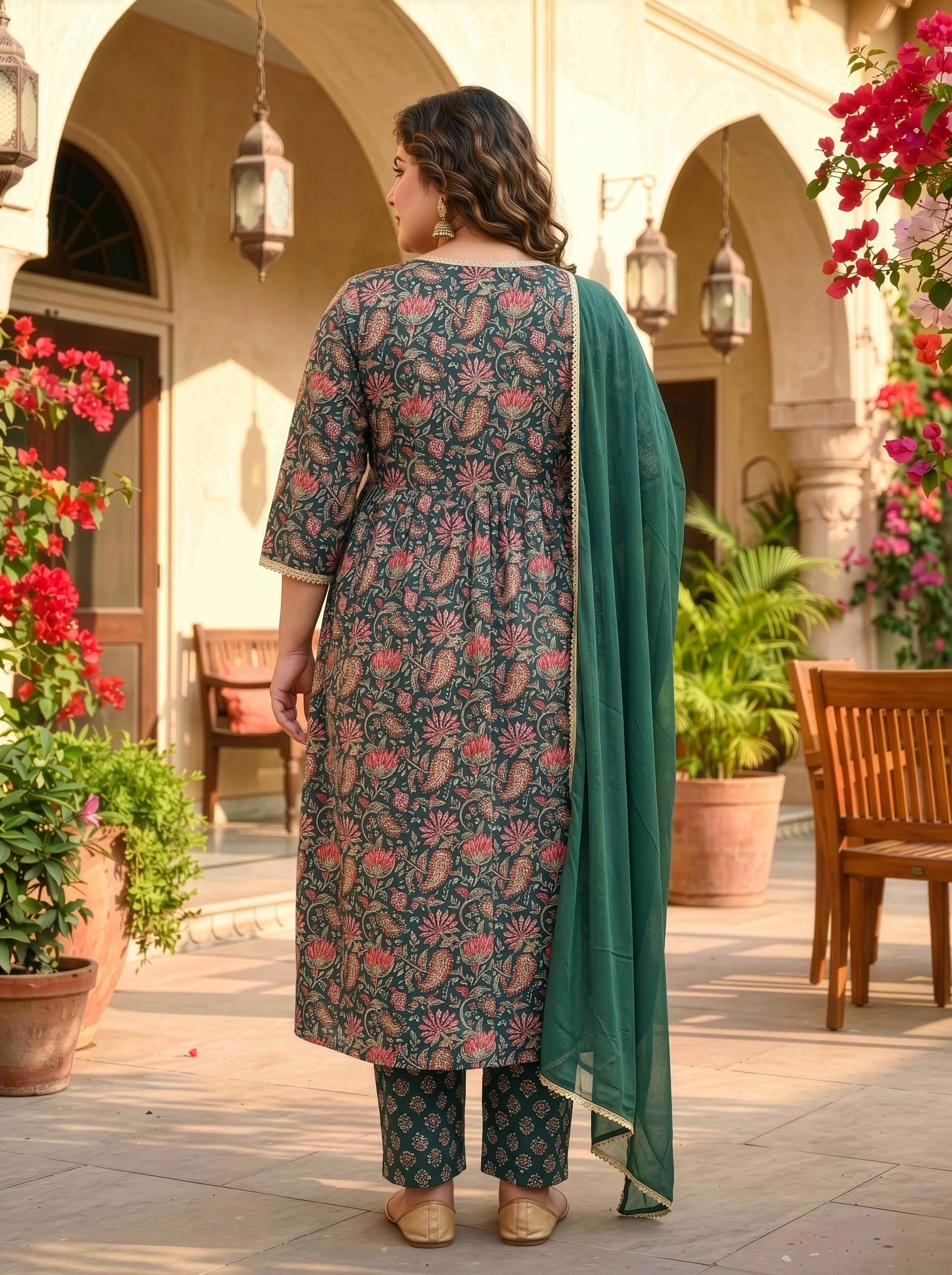 Plus Size Green Printed Cotton Kurta Suit Set with Dupatta – Elegant Ethnic Wear