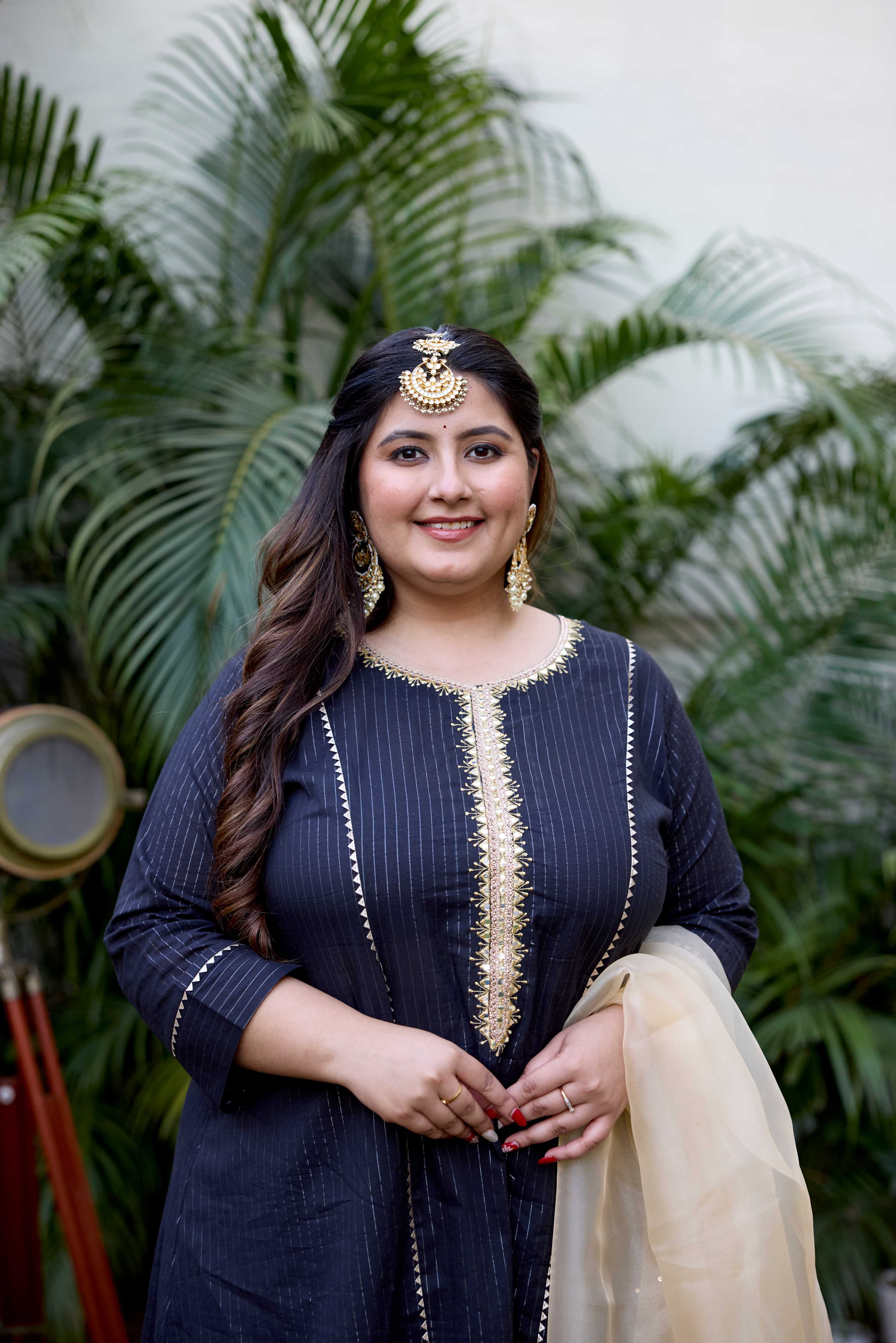 Black Golden Cotton Lurex Kurta Set - (Set of 3)