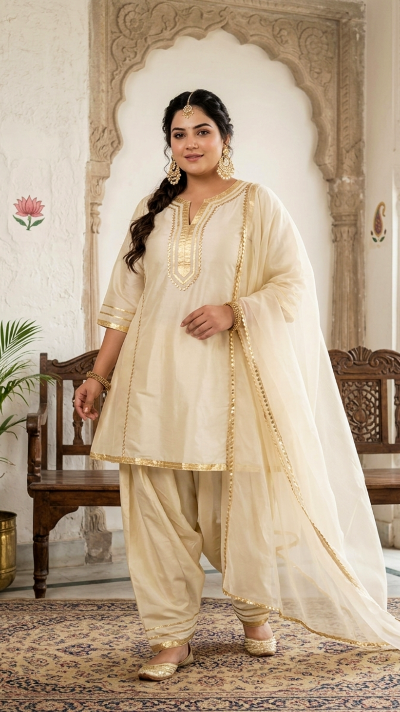 Elegant Beige Silk Lace Work Kurta Set with Dupatta – 3 Piece Festive Wear