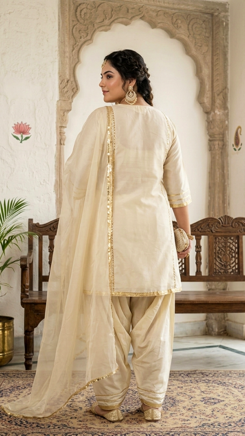 Elegant Beige Silk Lace Work Kurta Set with Dupatta – 3 Piece Festive Wear