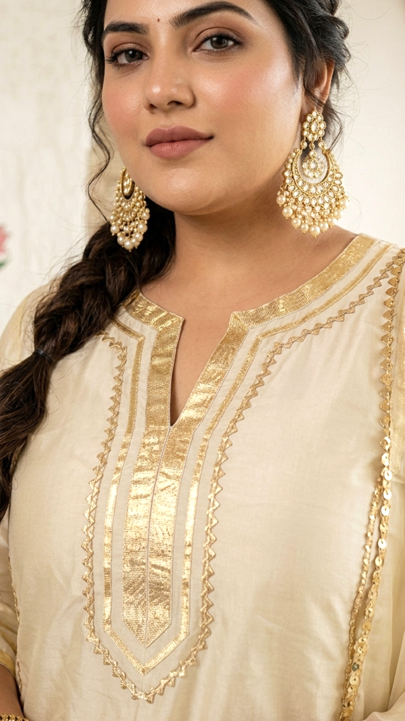 Elegant Beige Silk Lace Work Kurta Set with Dupatta – 3 Piece Festive Wear