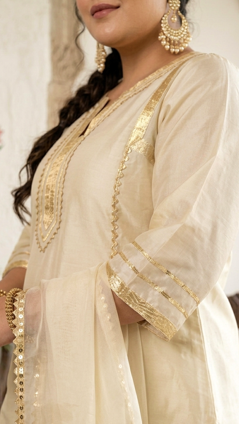 Plus Size Ivory Silk Farshi Salwar Suit Set with Dupatta – Elegant 3 Piece Ethnic Wear