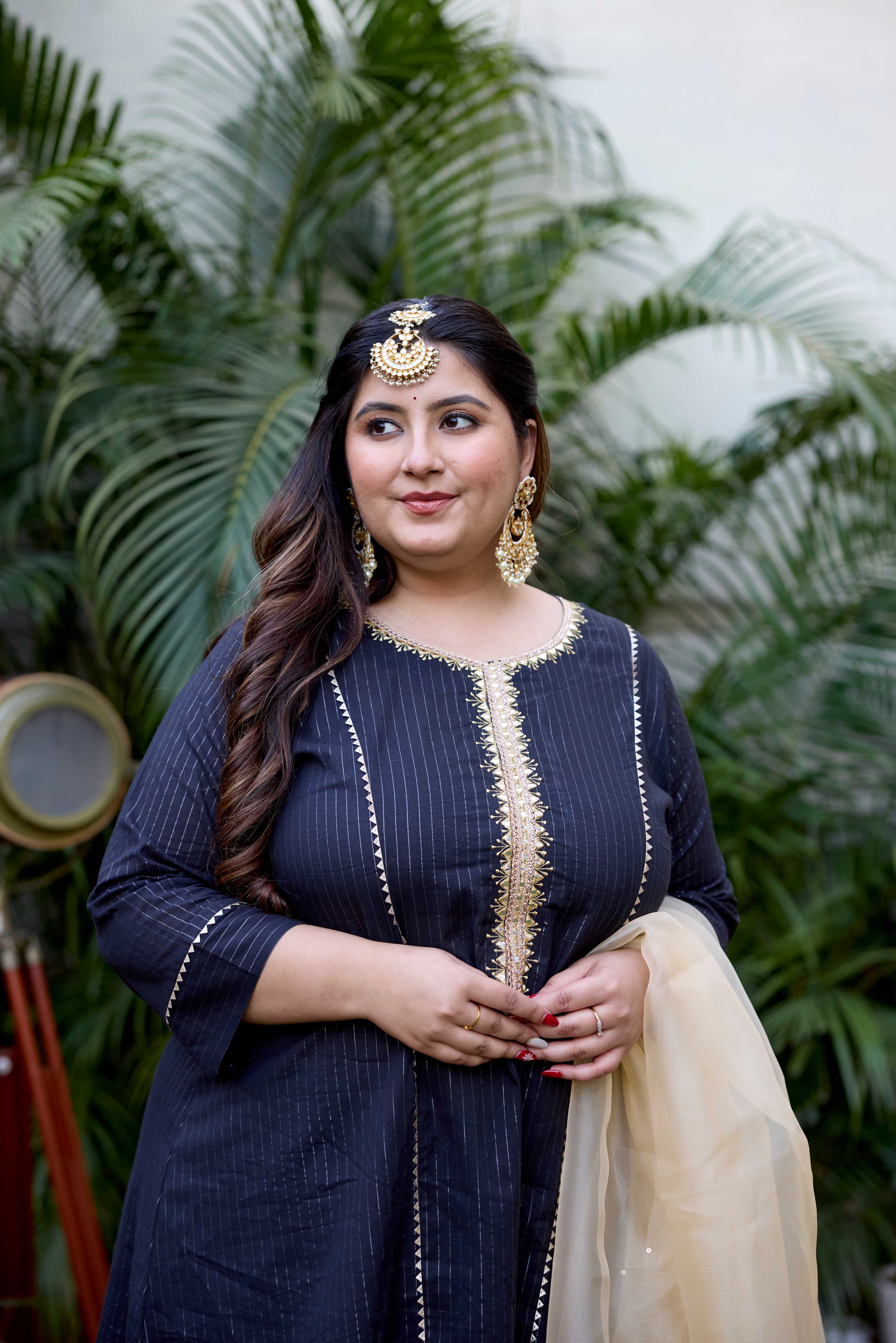 Black Golden Cotton Lurex Kurta Set - (Set of 3)