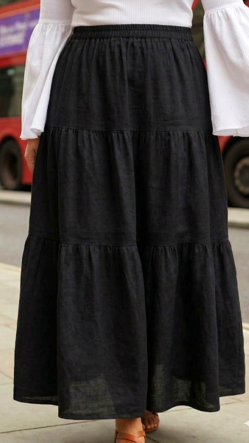 Plus Size Black Cotton Tiered Maxi Skirt for Women – Elegant Flowy Casual Skirt