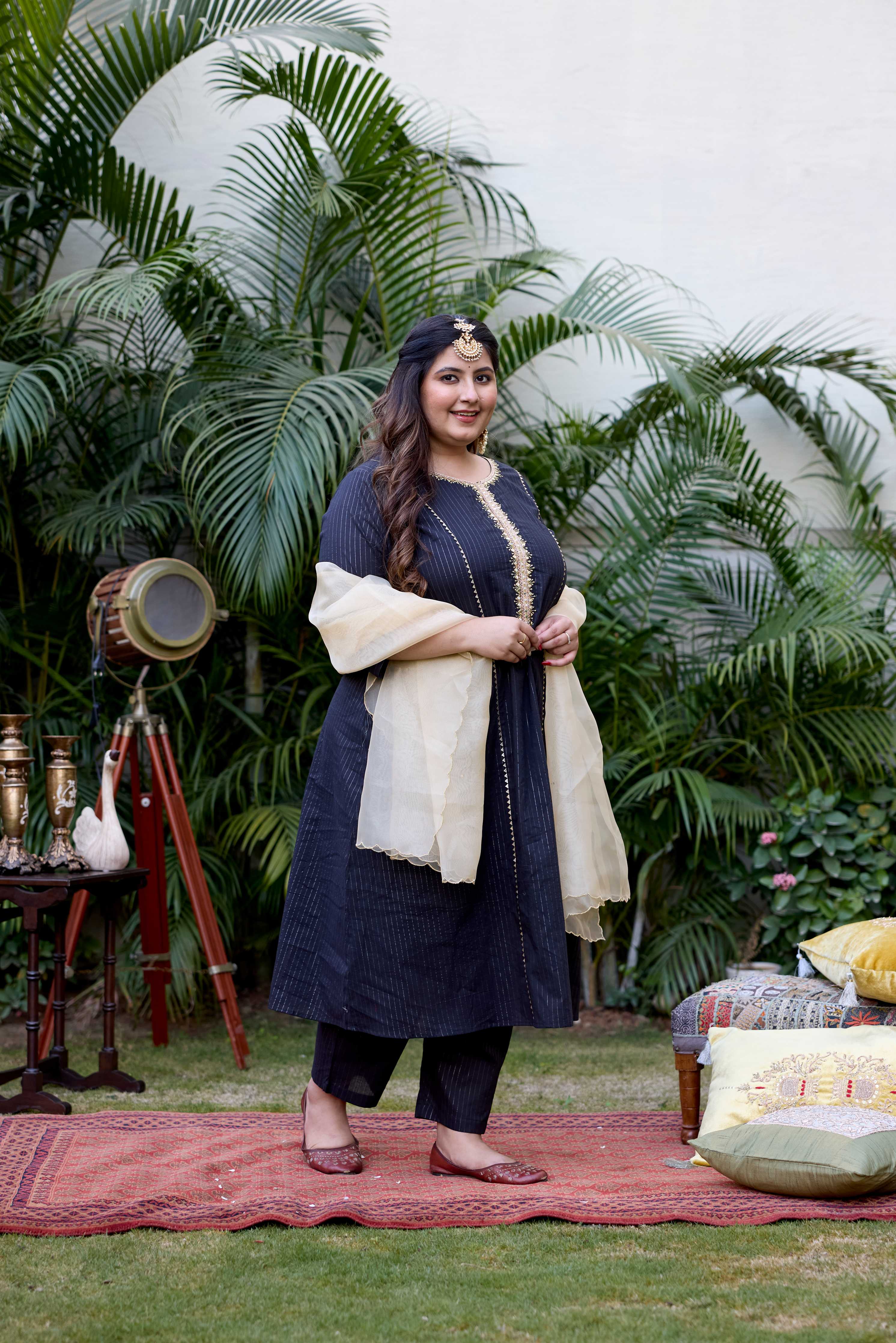 Black Golden Cotton Lurex Kurta Set - (Set of 3)