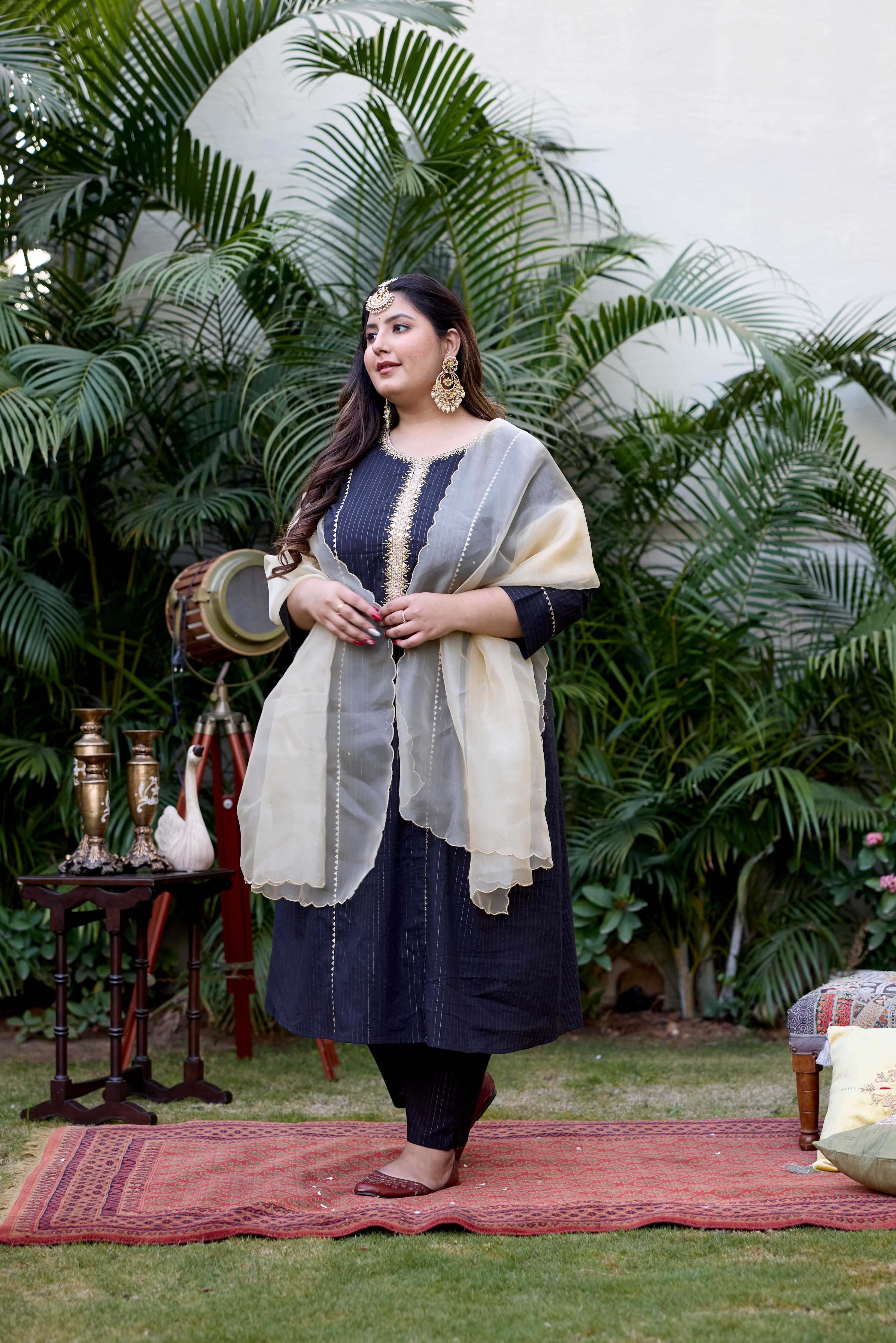 Black Golden Cotton Lurex Kurta Set - (Set of 3)