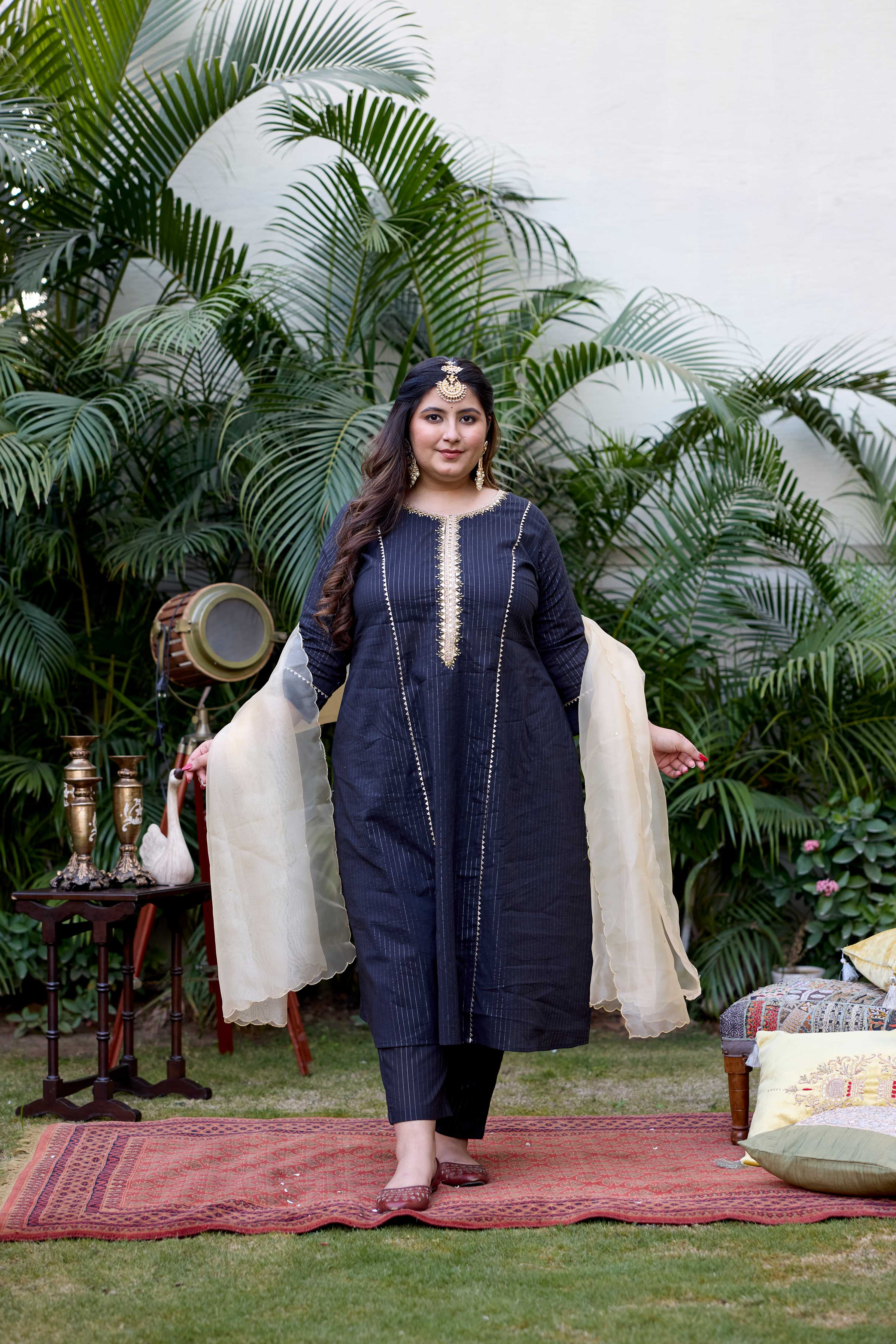 Black Golden Cotton Lurex Kurta Set - (Set of 3)