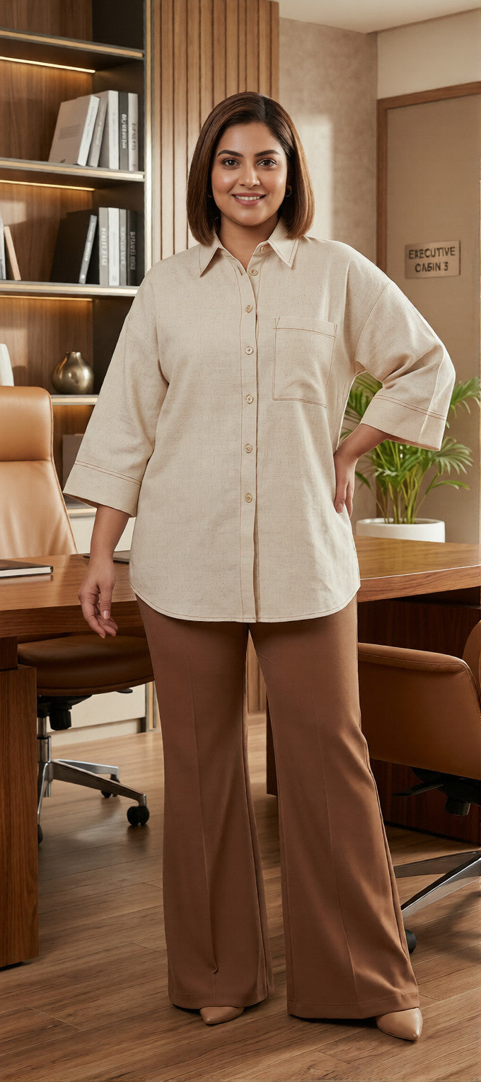 Plus Size Beige Cotton Office Wear Shirt for Women – Smart Casual Formal Top