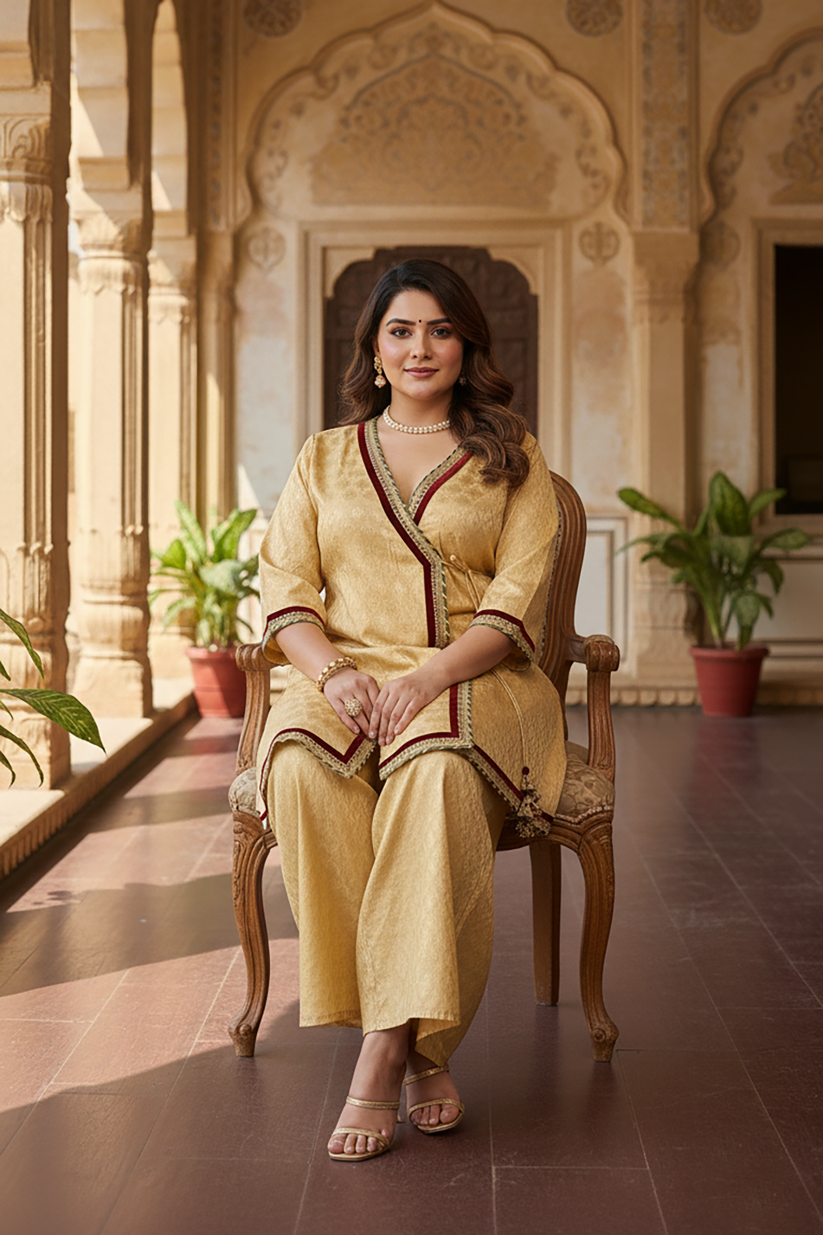 Plus Size Gold Jacquard Kurta Set with Chiffon Dupatta – Festive Ethnic Wear