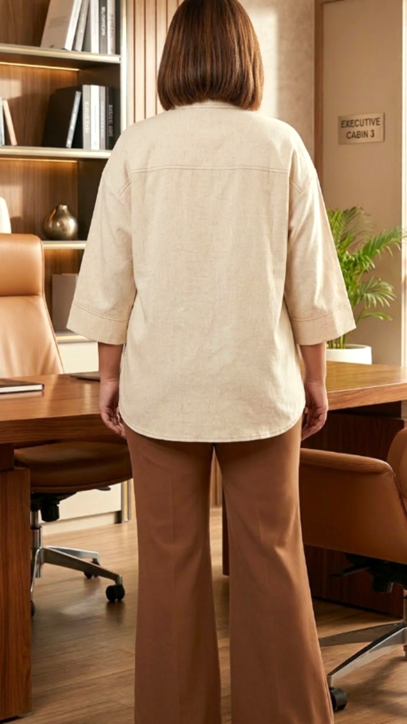 Plus Size Beige Cotton Office Wear Shirt for Women – Smart Casual Formal Top