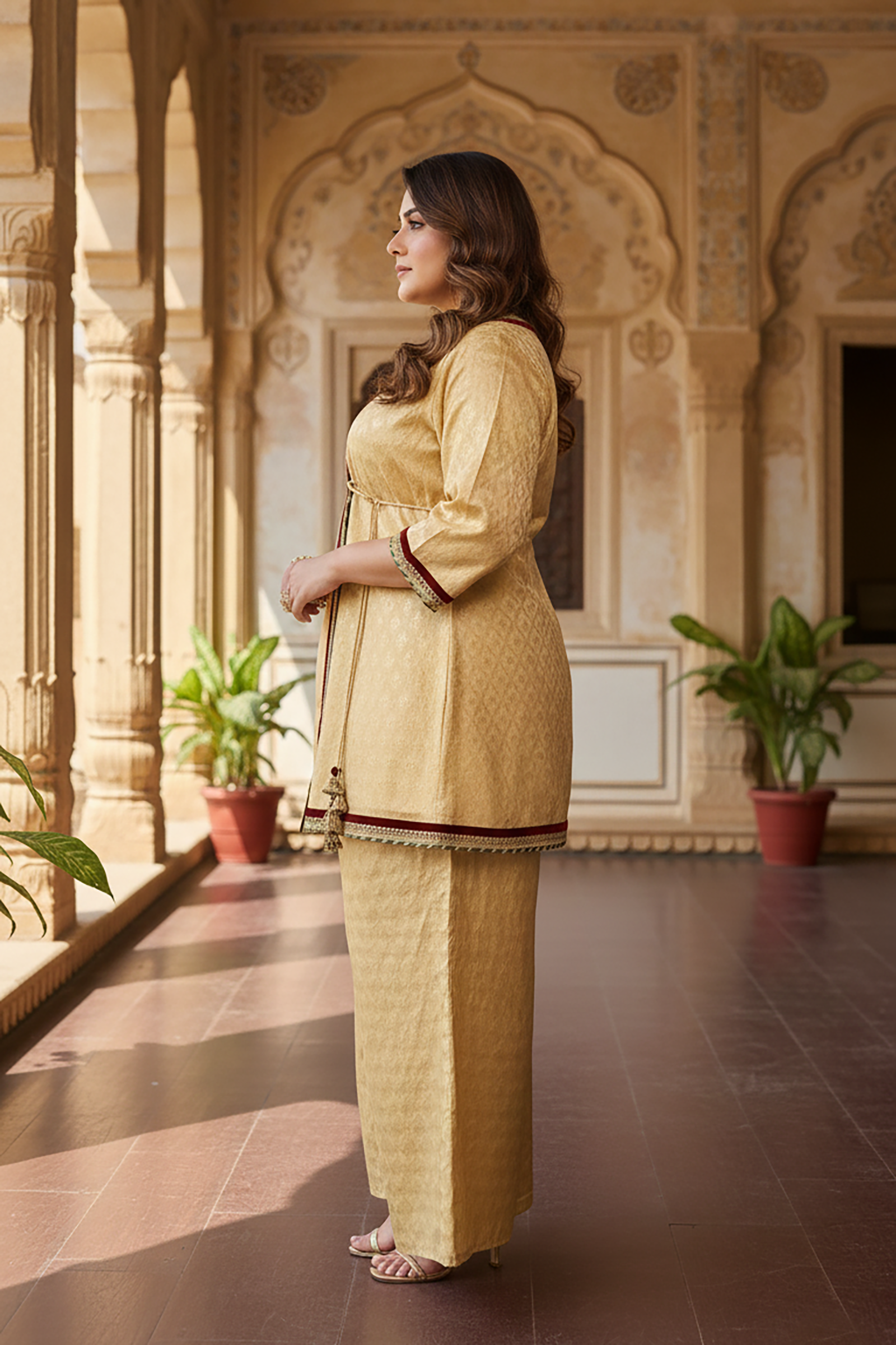 Plus Size Festive Gold Jacquard Kurta & Wide-Leg Pant Co-Ord Set