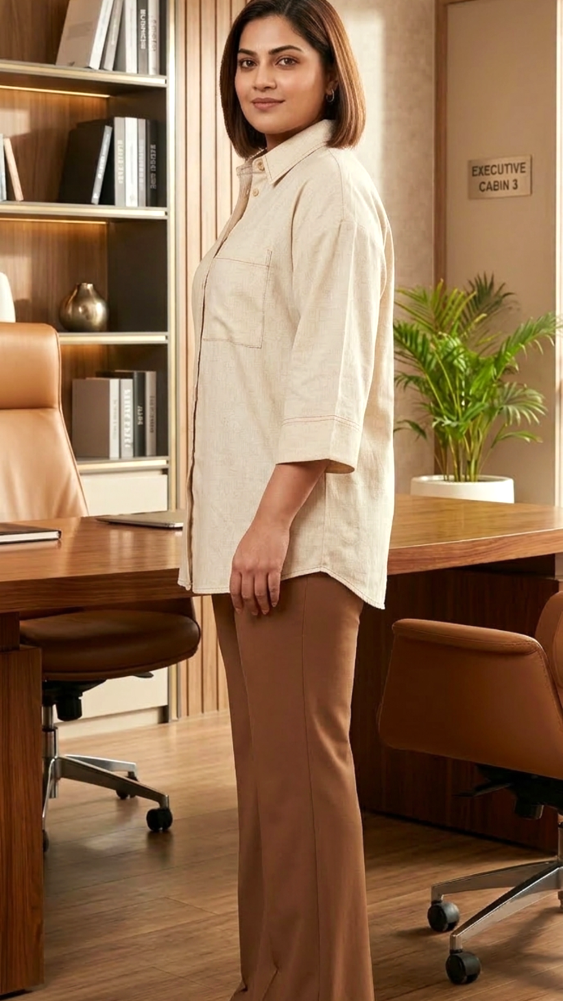 Plus Size Beige Cotton Office Wear Shirt for Women – Smart Casual Formal Top