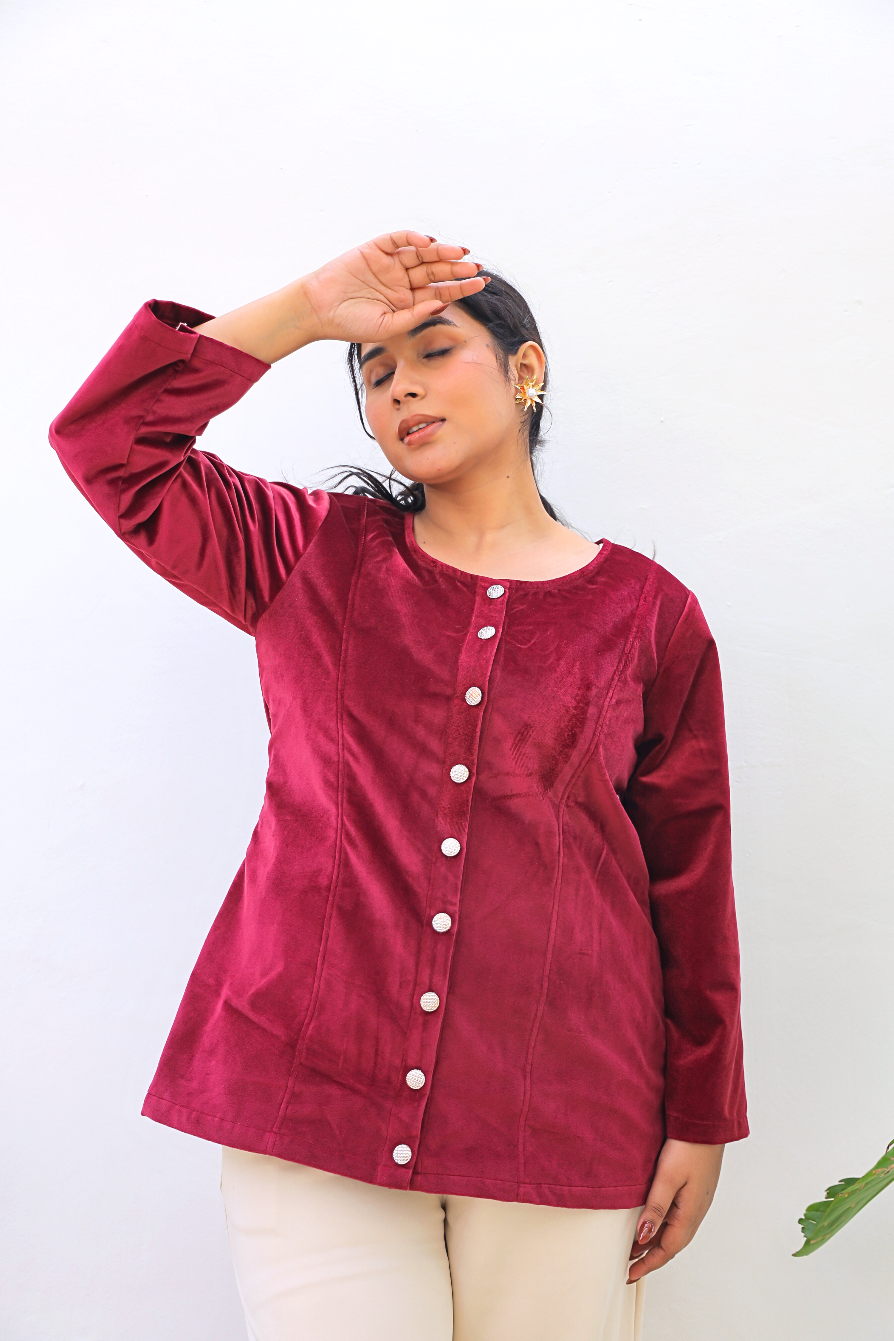 Wine Suede Velvet Longline Button-Down Jacket – Elegant Structured Fit