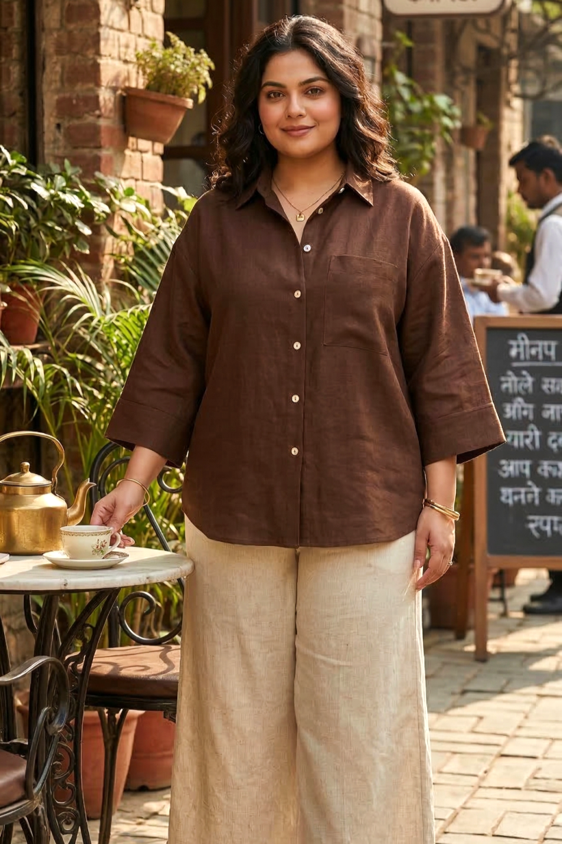 Plus Size Brown Cotton Shirt for Women