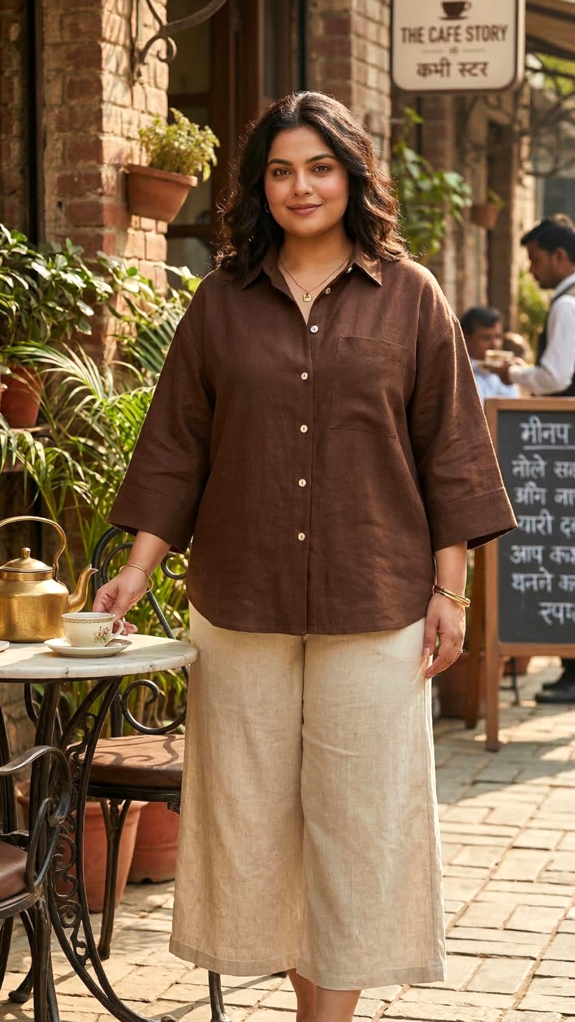 Plus Size Brown Linen Shirt for Women – Relaxed Fit Casual & Office Wear Top