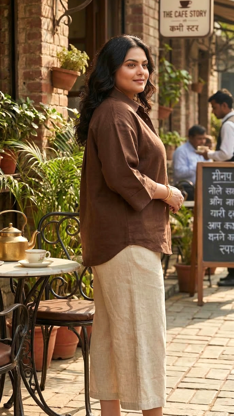 Plus Size Brown Linen Shirt for Women – Relaxed Fit Casual & Office Wear Top
