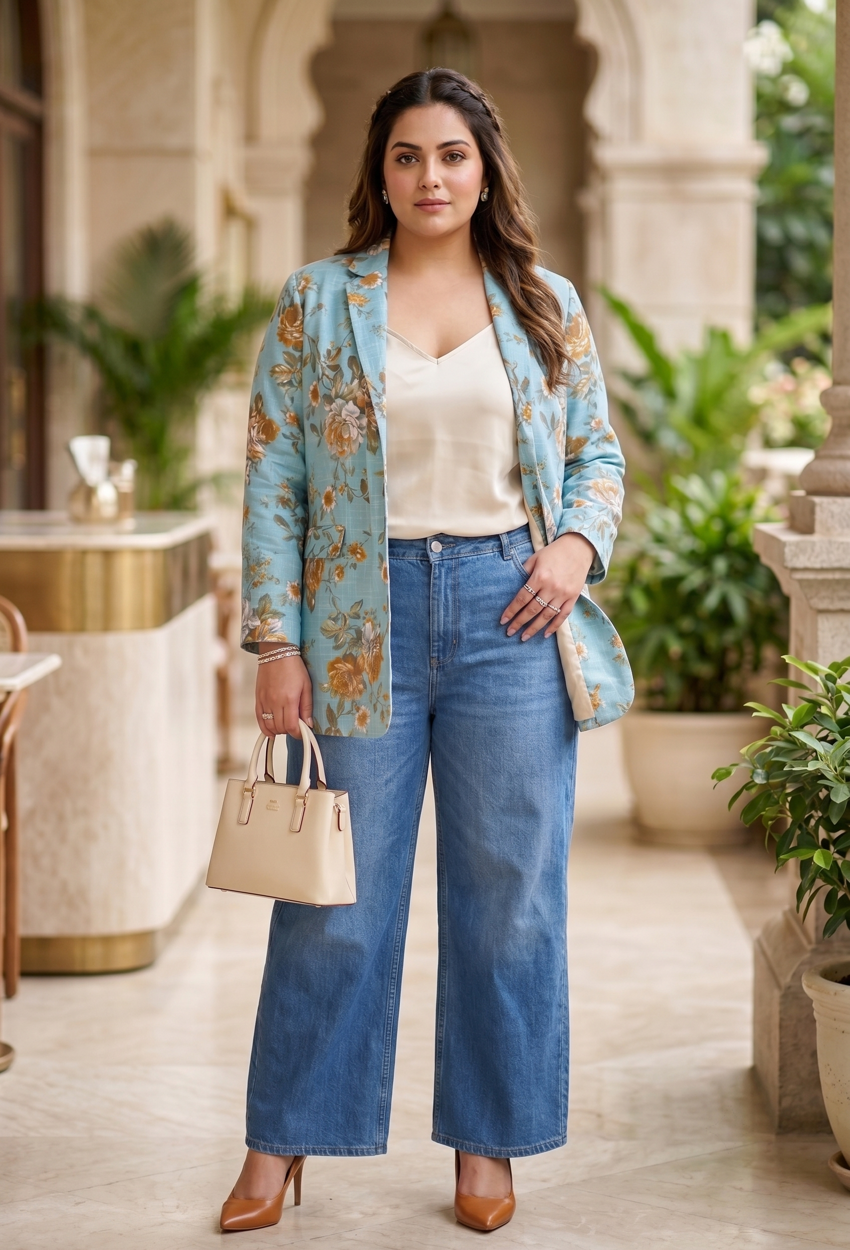Plus Size Sky Blue Floral Printed Blazer for Women