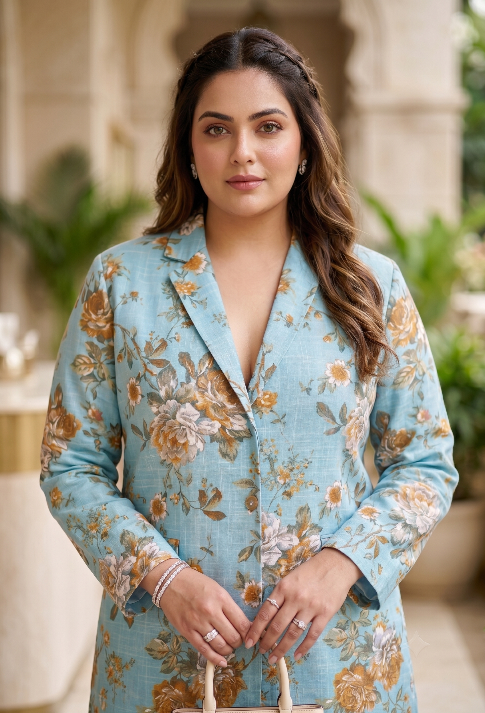 Plus Size Sky Blue Floral Printed Blazer for Women