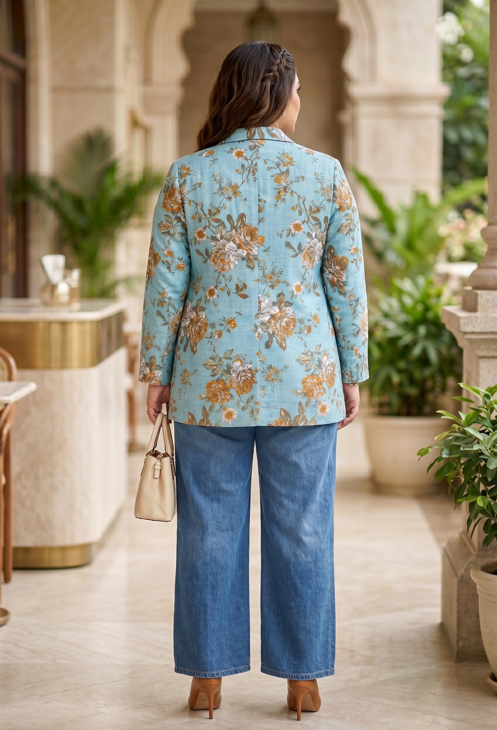 Plus Size Sky Blue Floral Printed Blazer for Women