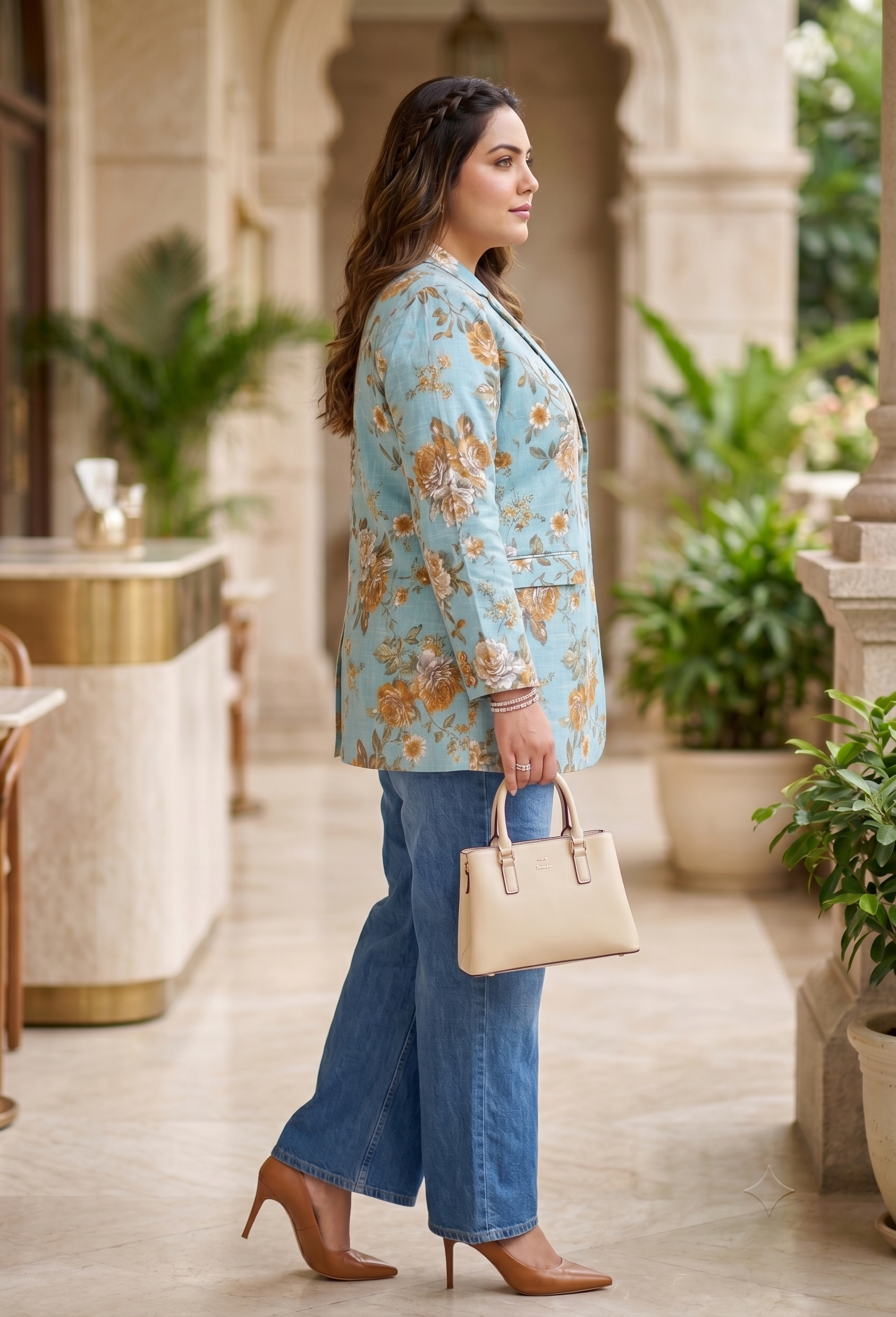 Plus Size Sky Blue Floral Printed Blazer for Women