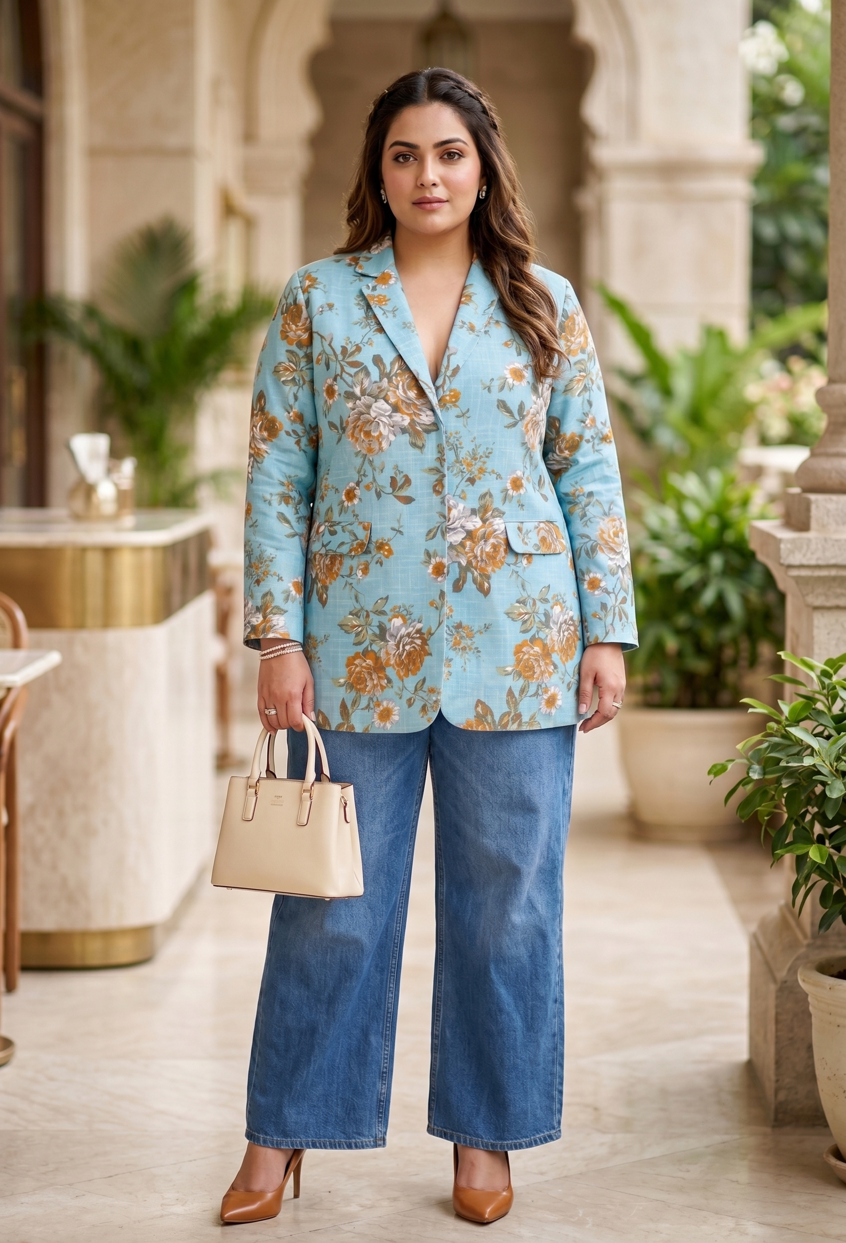 Plus Size Sky Blue Floral Printed Blazer for Women