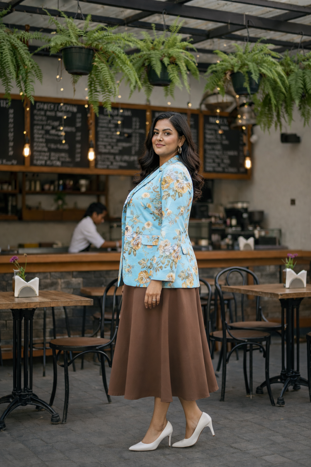 Plus Size Sky Blue Floral Printed Blazer for Women