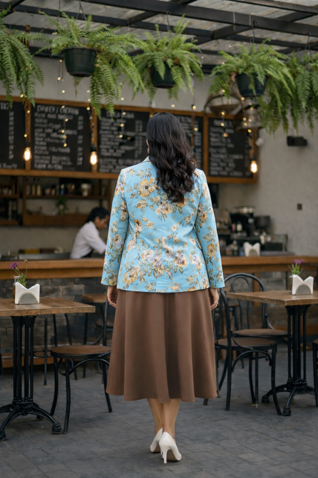 Plus Size Sky Blue Floral Printed Blazer for Women