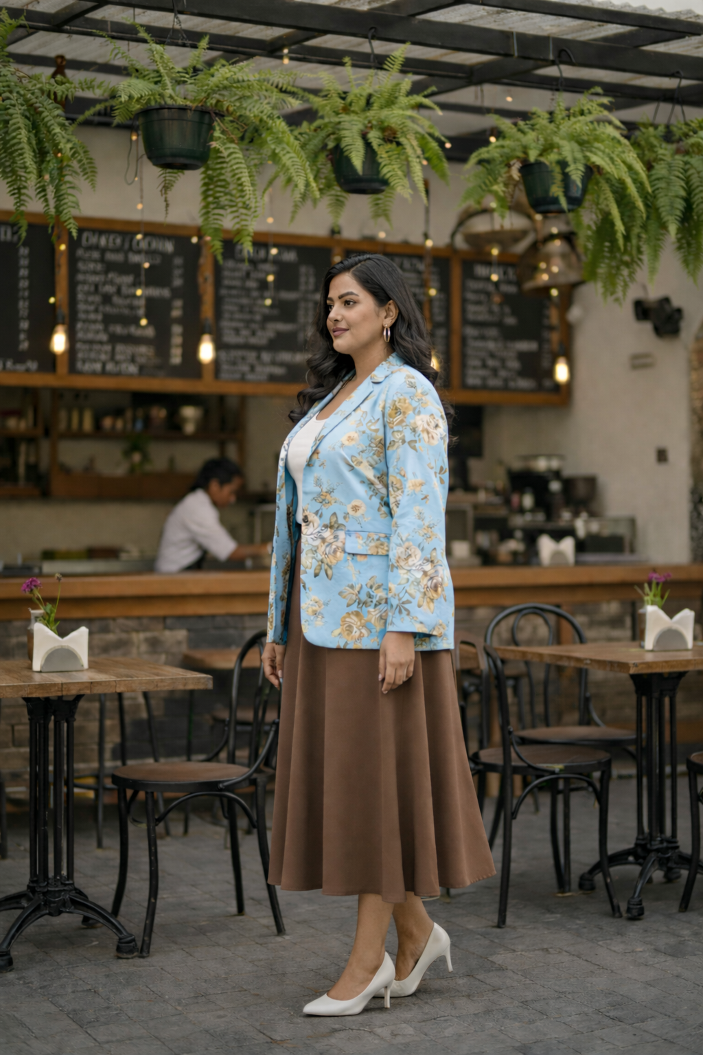 Plus Size Sky Blue Floral Printed Blazer for Women