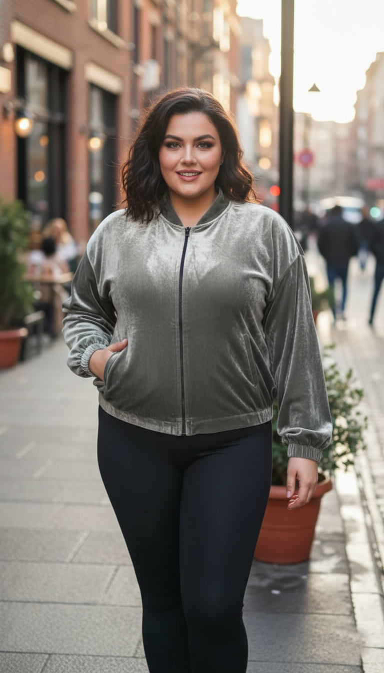 Plus Size Shimmer Velvet Bomber Jacket for Women