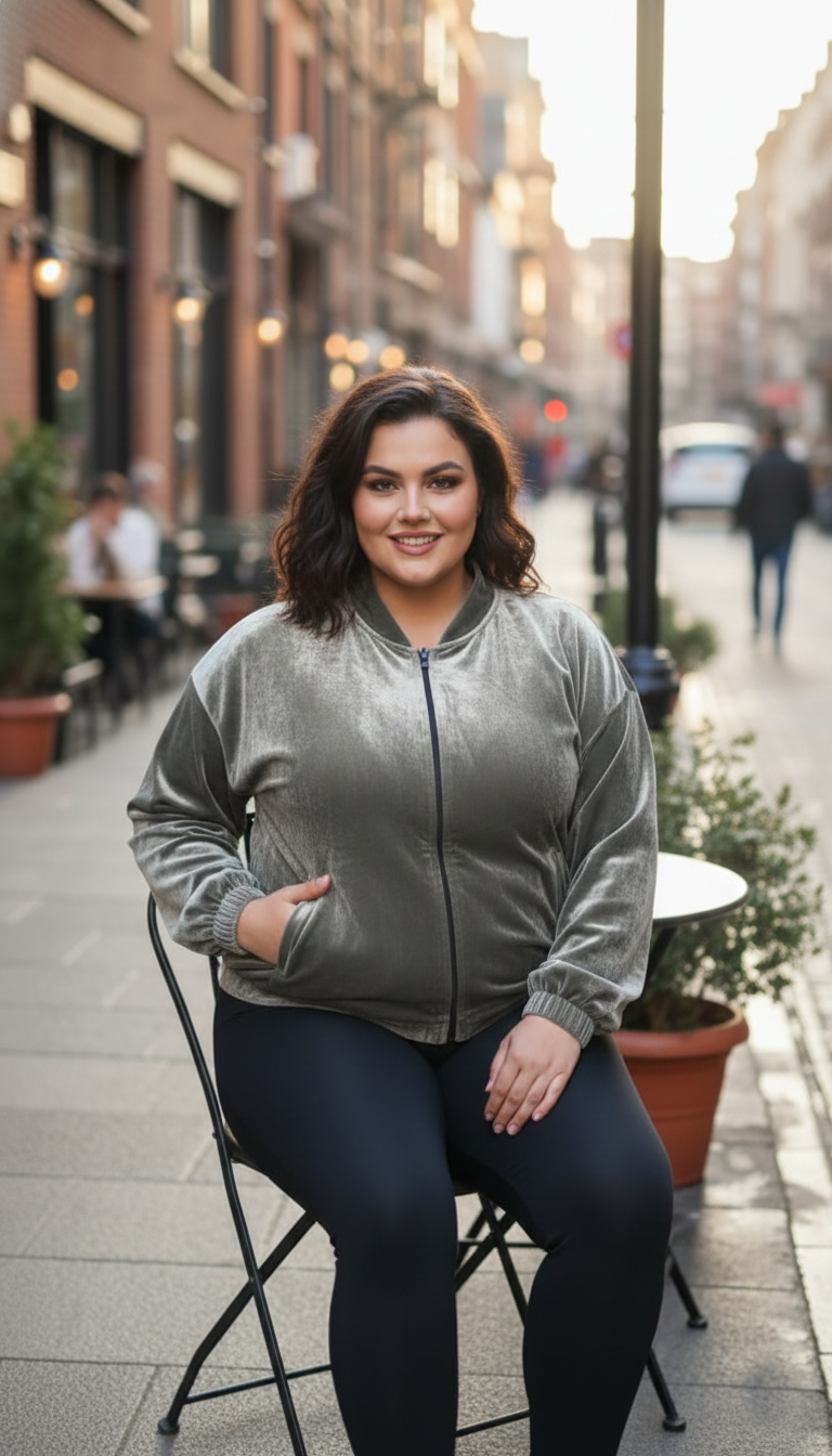 Plus Size Shimmer Velvet Bomber Jacket for Women
