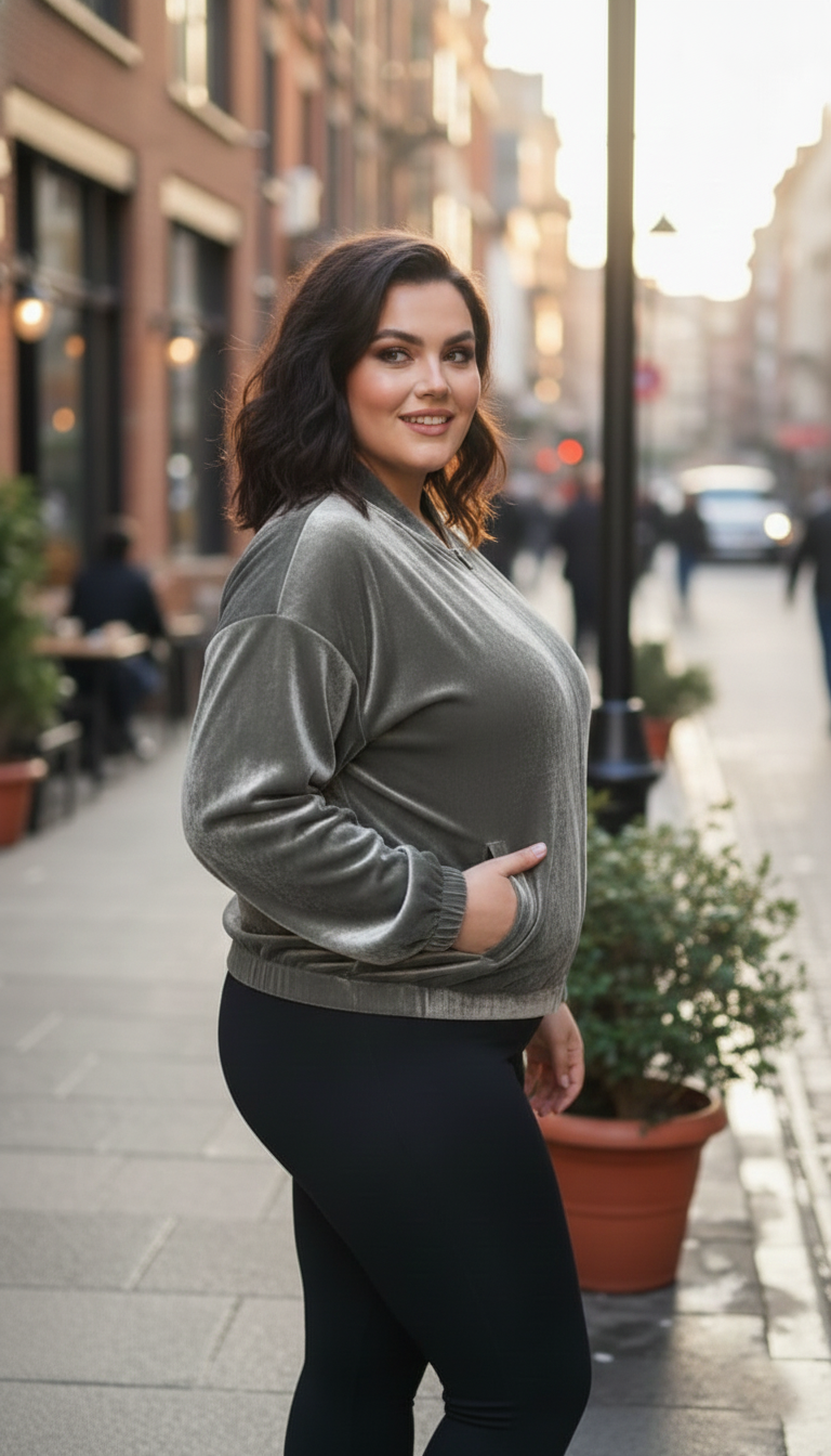 Plus Size Shimmer Velvet Bomber Jacket for Women