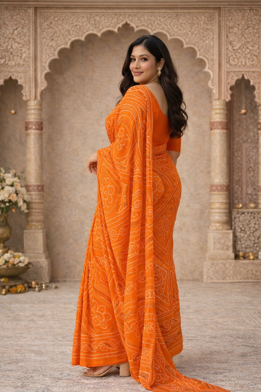 Vibrant Orange Bandhani Saree