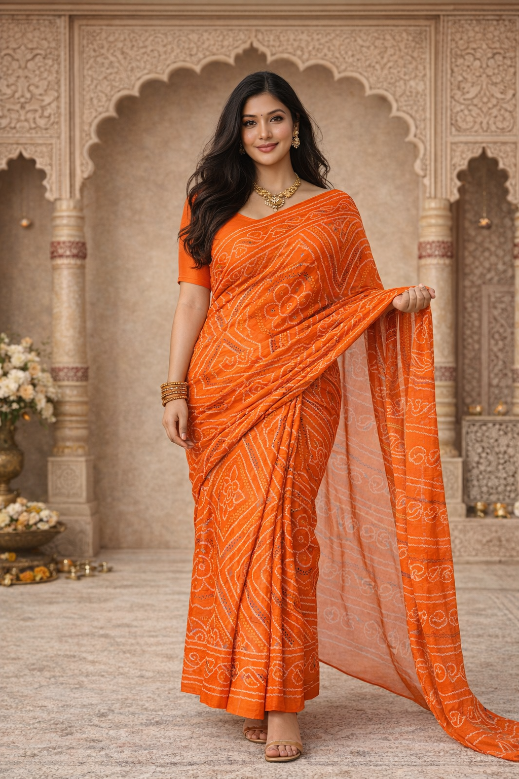 Vibrant Orange Bandhani Saree