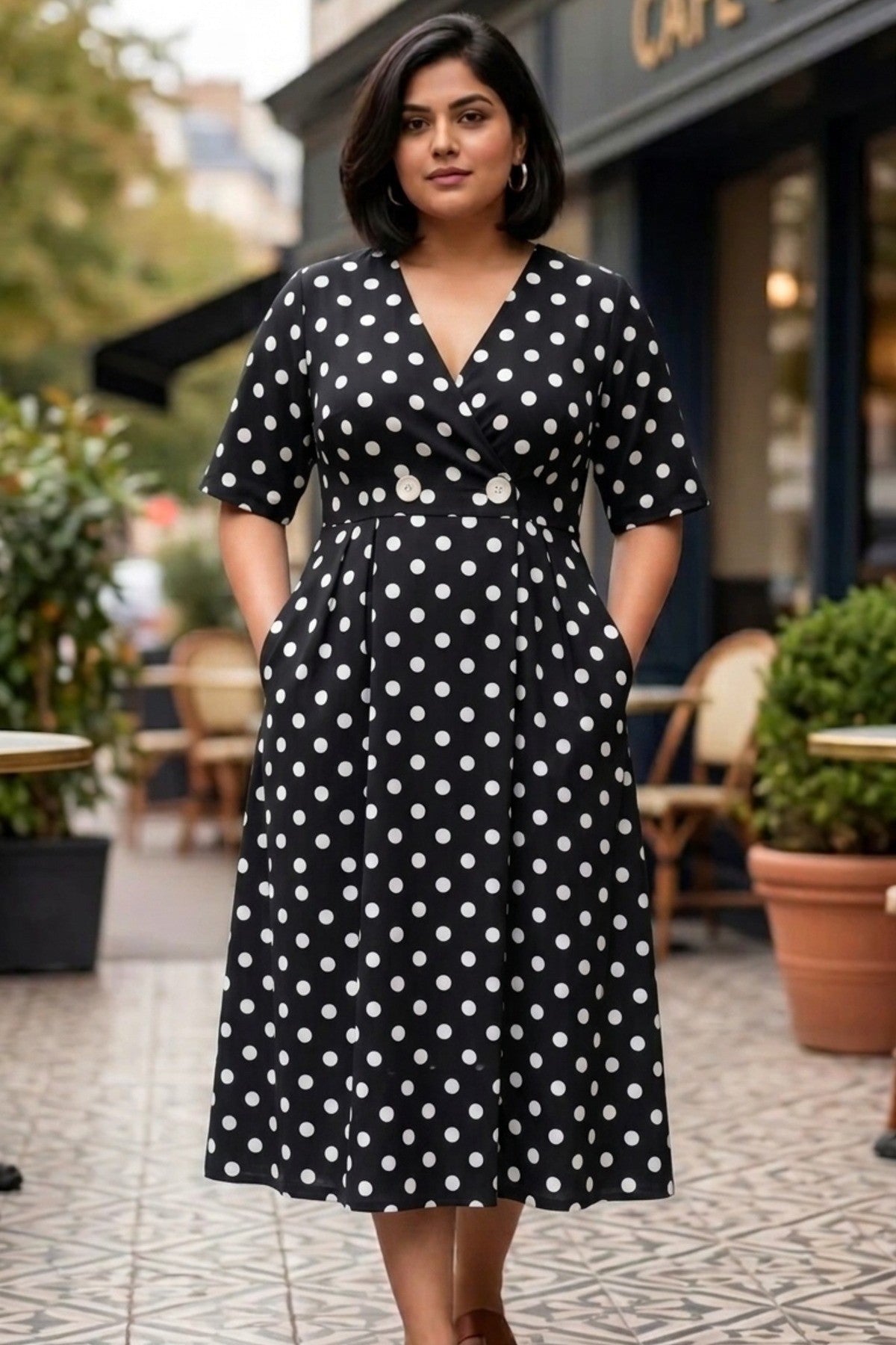 Plus Size Black Polka Dot Rayon Dress – Elegant Wrap Style Midi Dress for Women