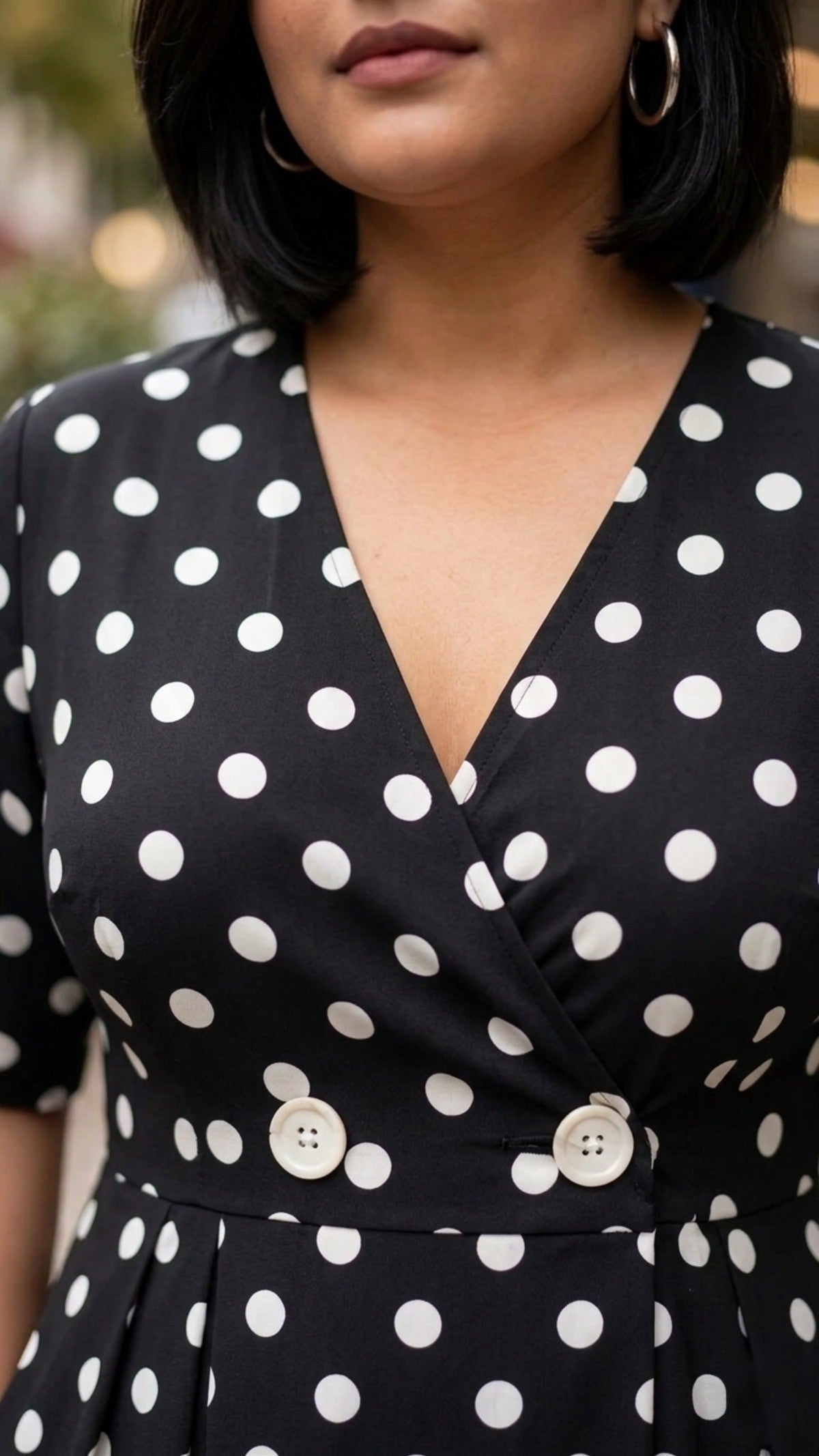 Plus Size Black Polka Dot Rayon Dress – Elegant Wrap Style Midi Dress for Women
