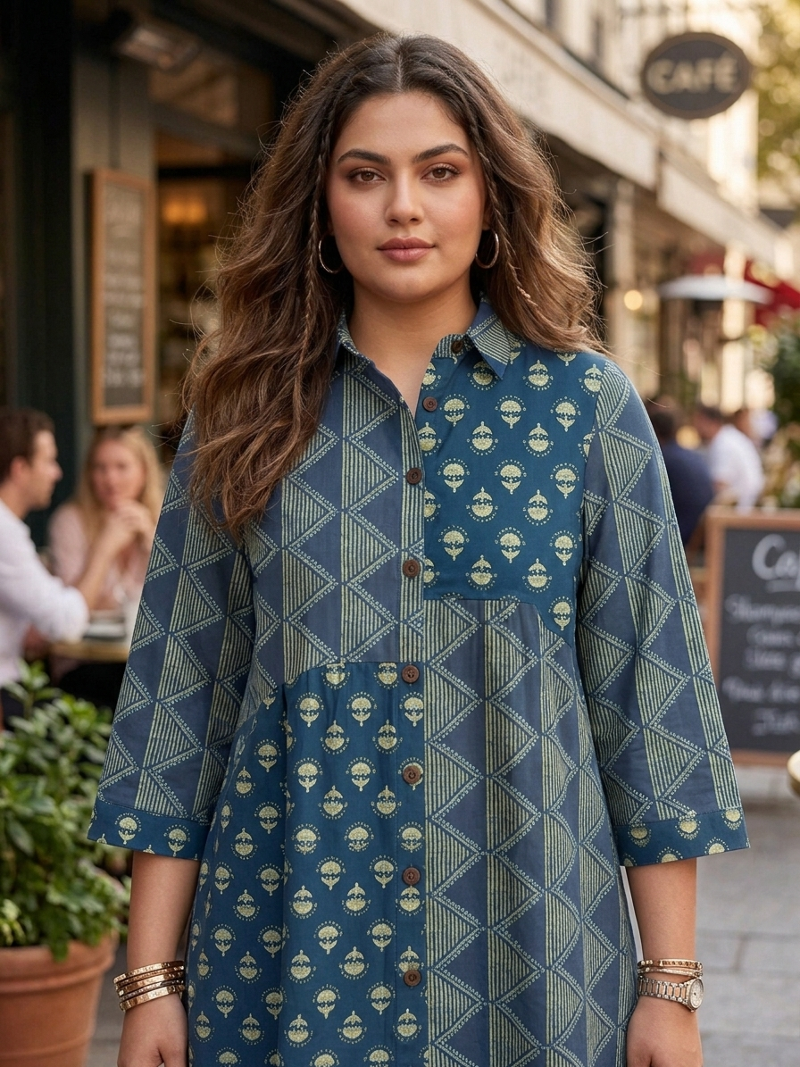 Plus Size Blue Printed Cotton Shirt for Women | Collared Button-Down Casual Shirt